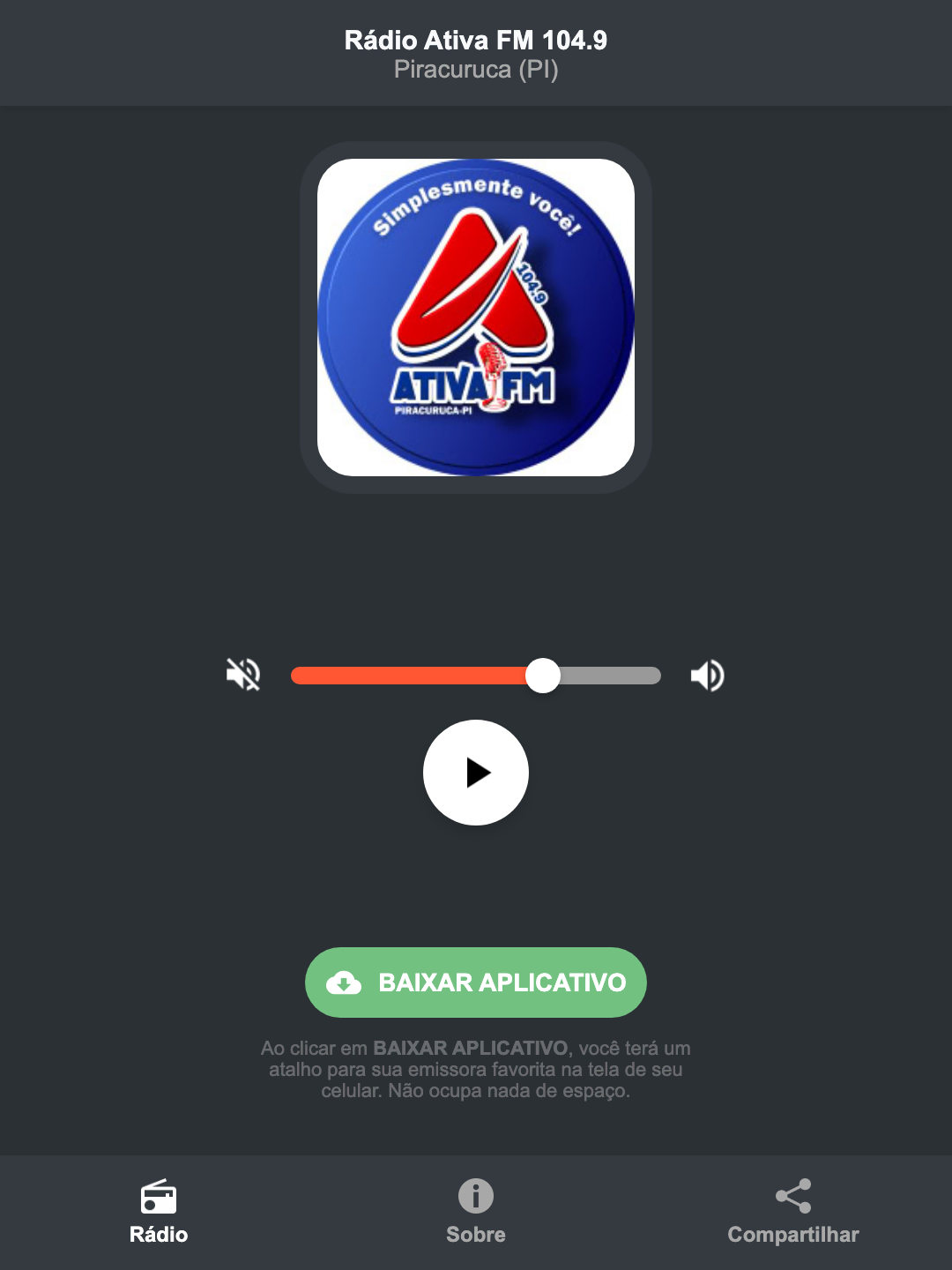 Screenshot do aplicativo da Rádio Ativa FM 104.9