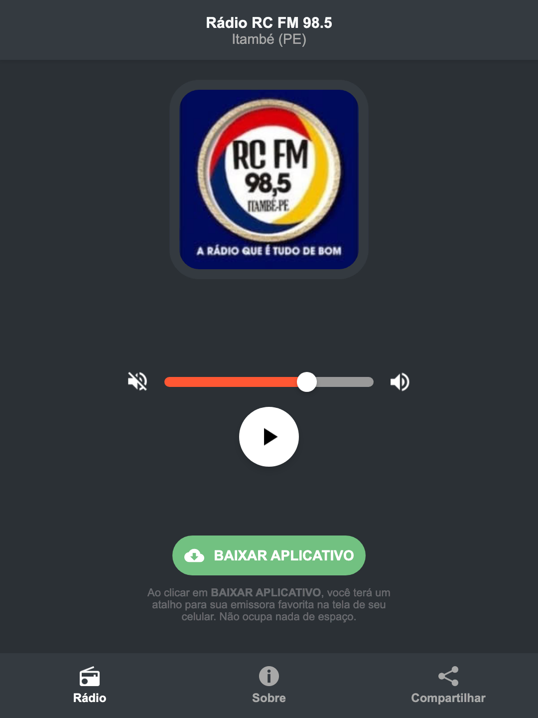 Screenshot do aplicativo da Rádio RC FM 98.5
