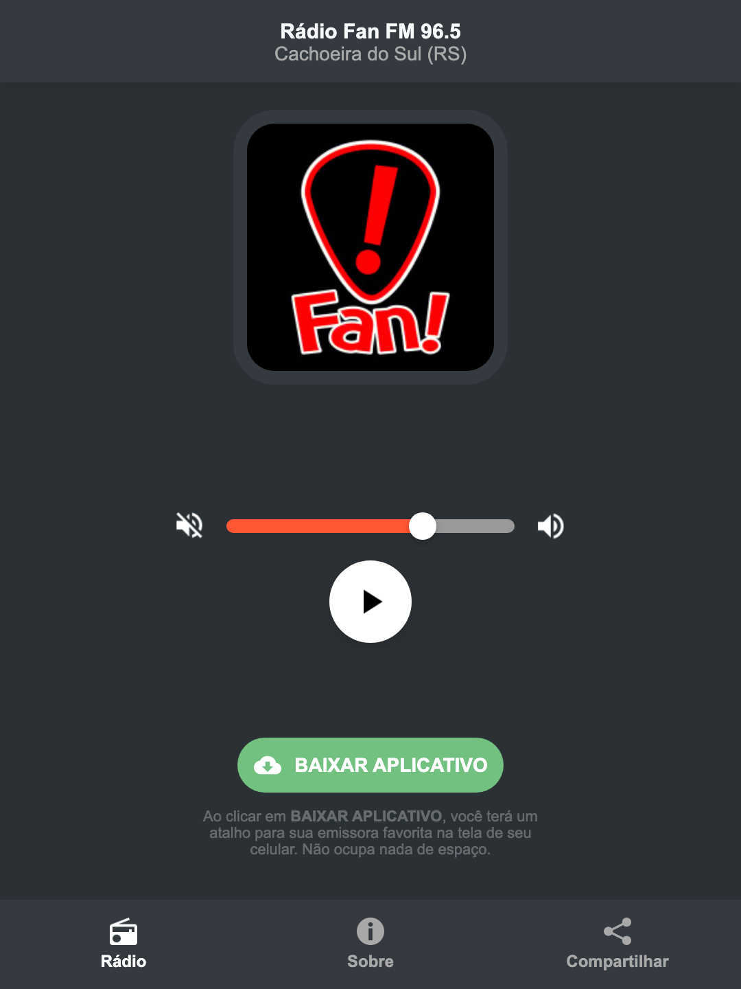 Screenshot do aplicativo da Rádio Fan FM 96.5