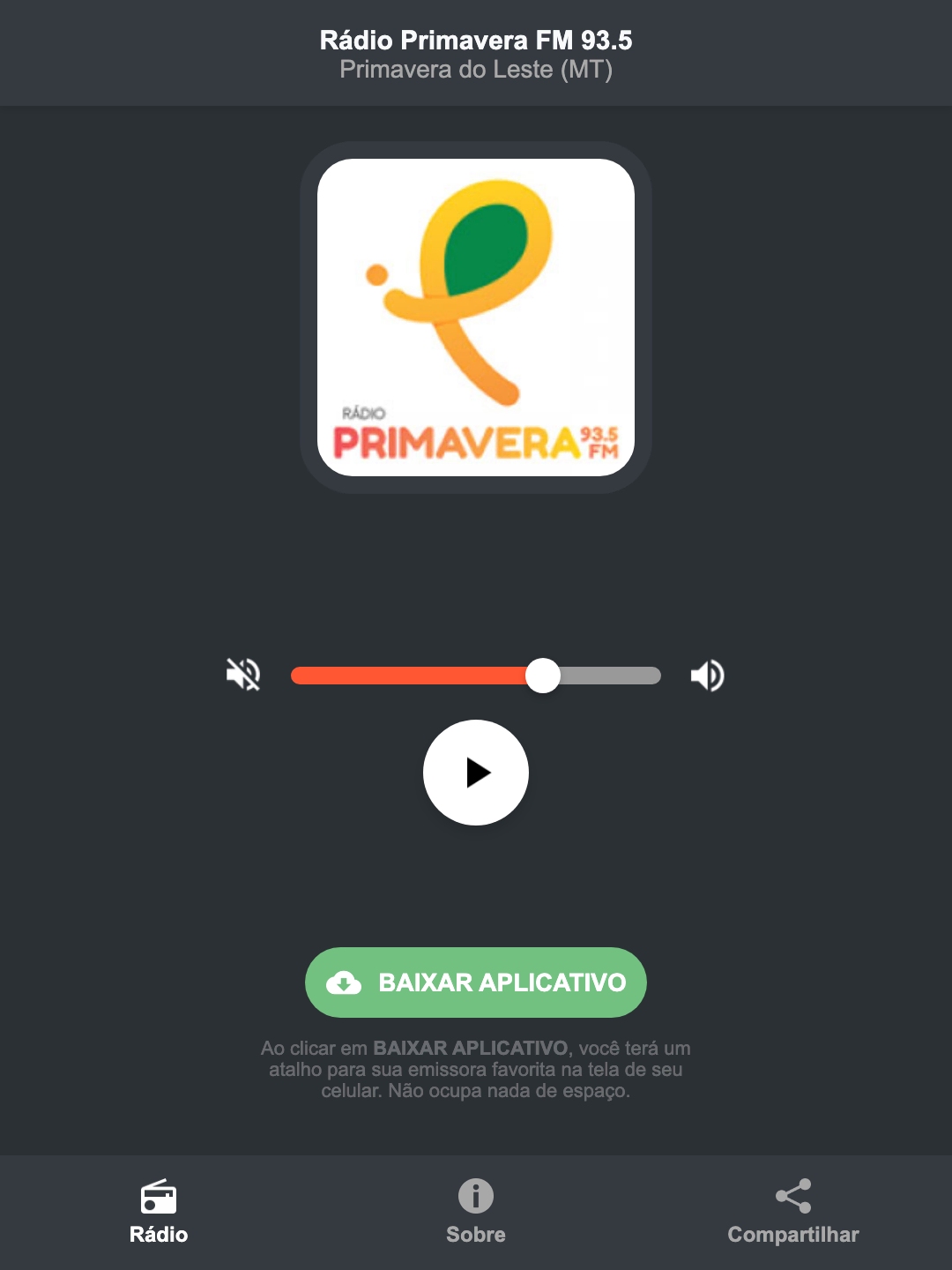 Screenshot do aplicativo da Rádio Primavera FM 93.5