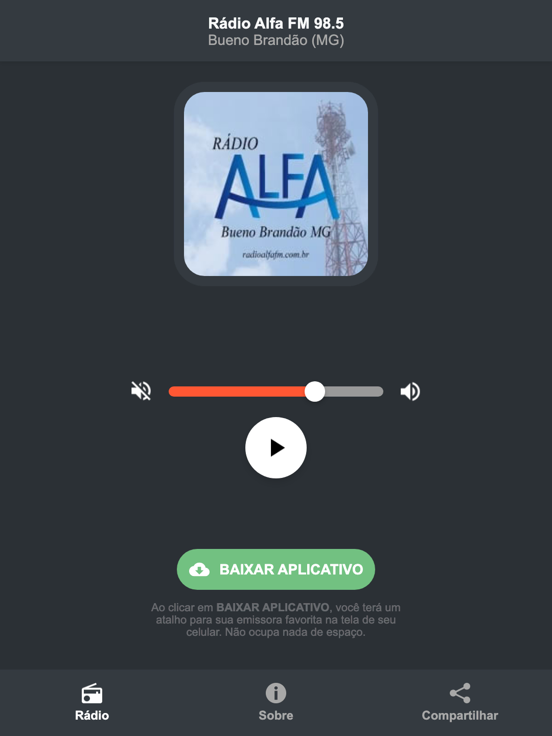 Screenshot do aplicativo da Rádio Alfa FM 98.5