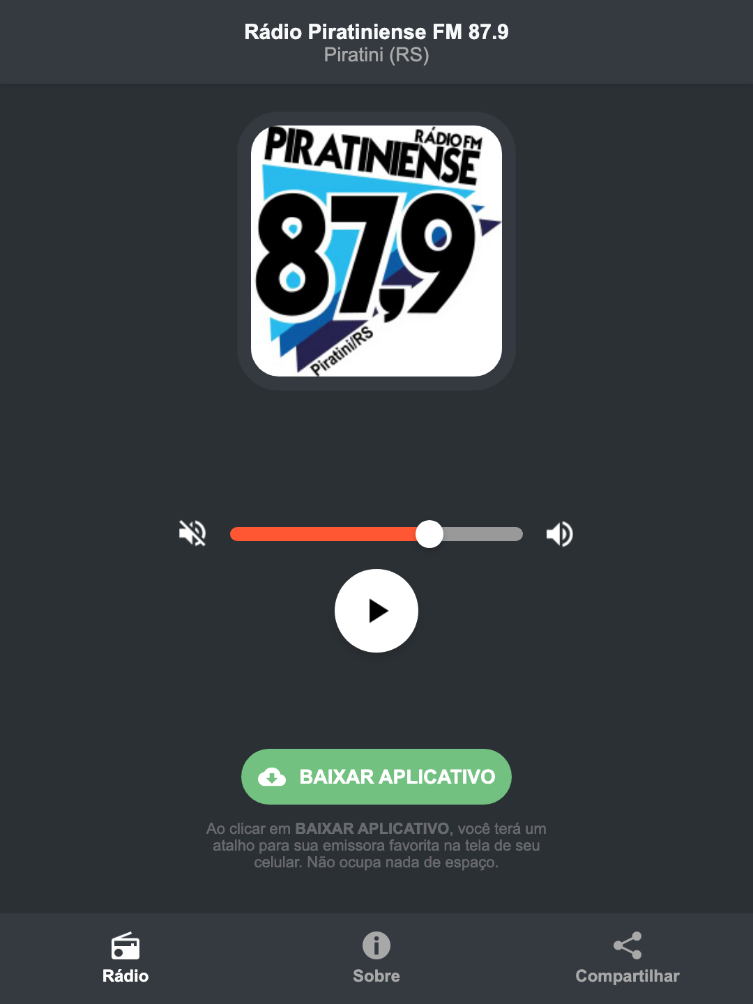 Screenshot do aplicativo da Rádio Piratiniense FM 87.9