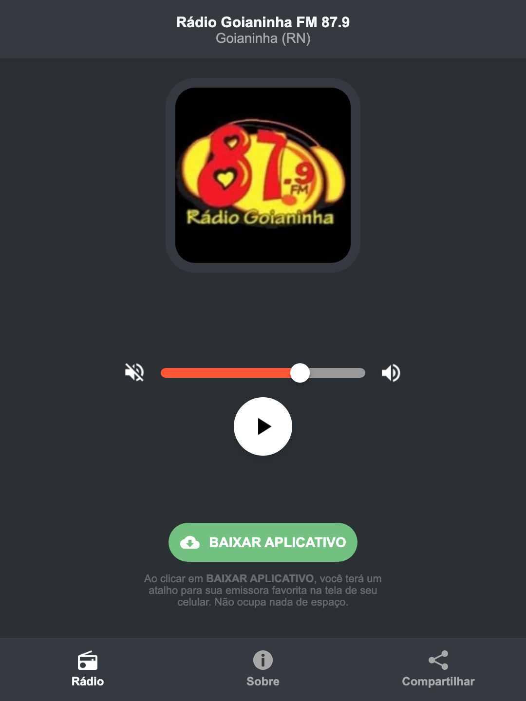 Screenshot do aplicativo da Rádio Goianinha FM 87.9