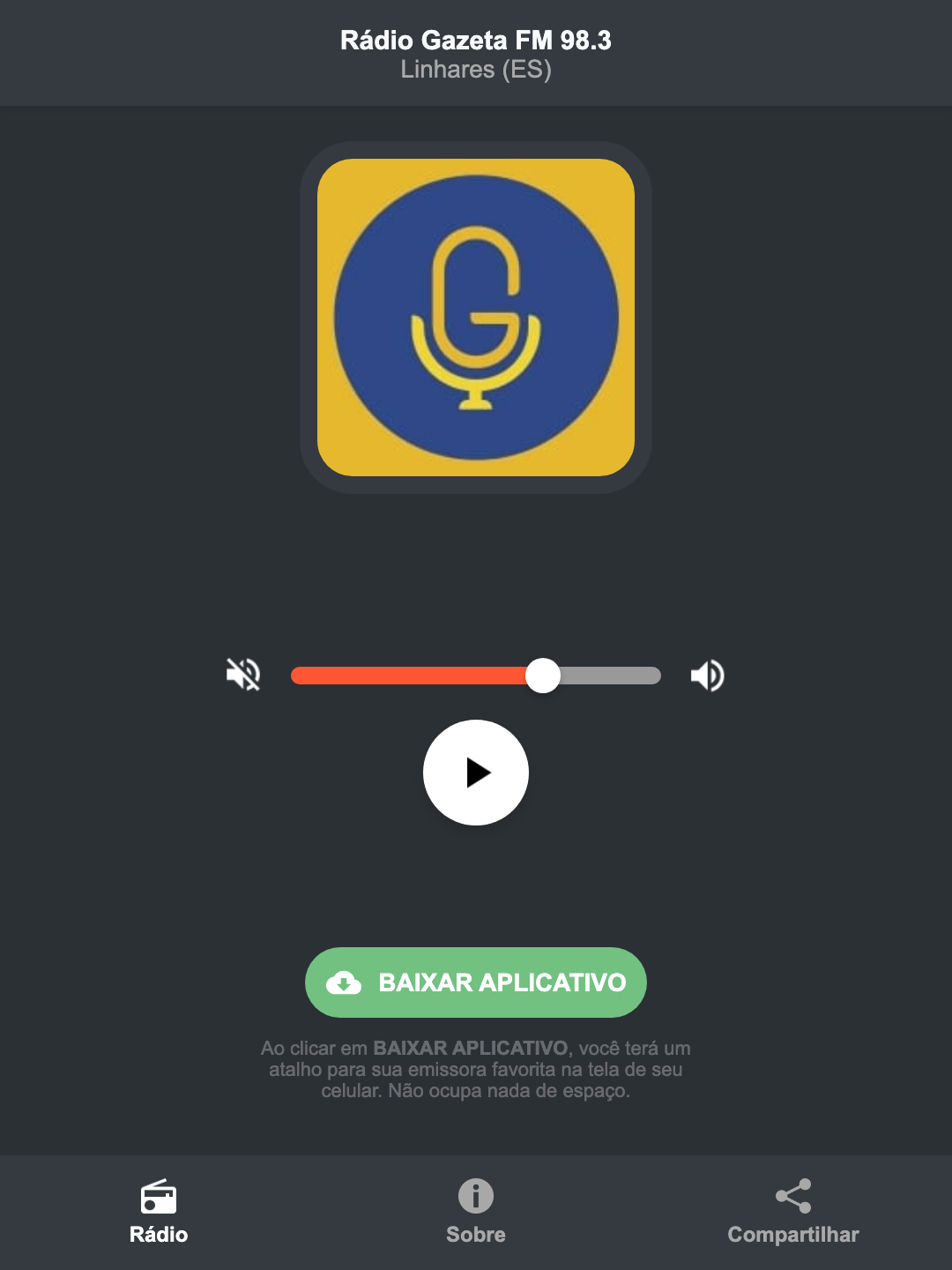 Screenshot do aplicativo da Rádio Gazeta FM 98.3