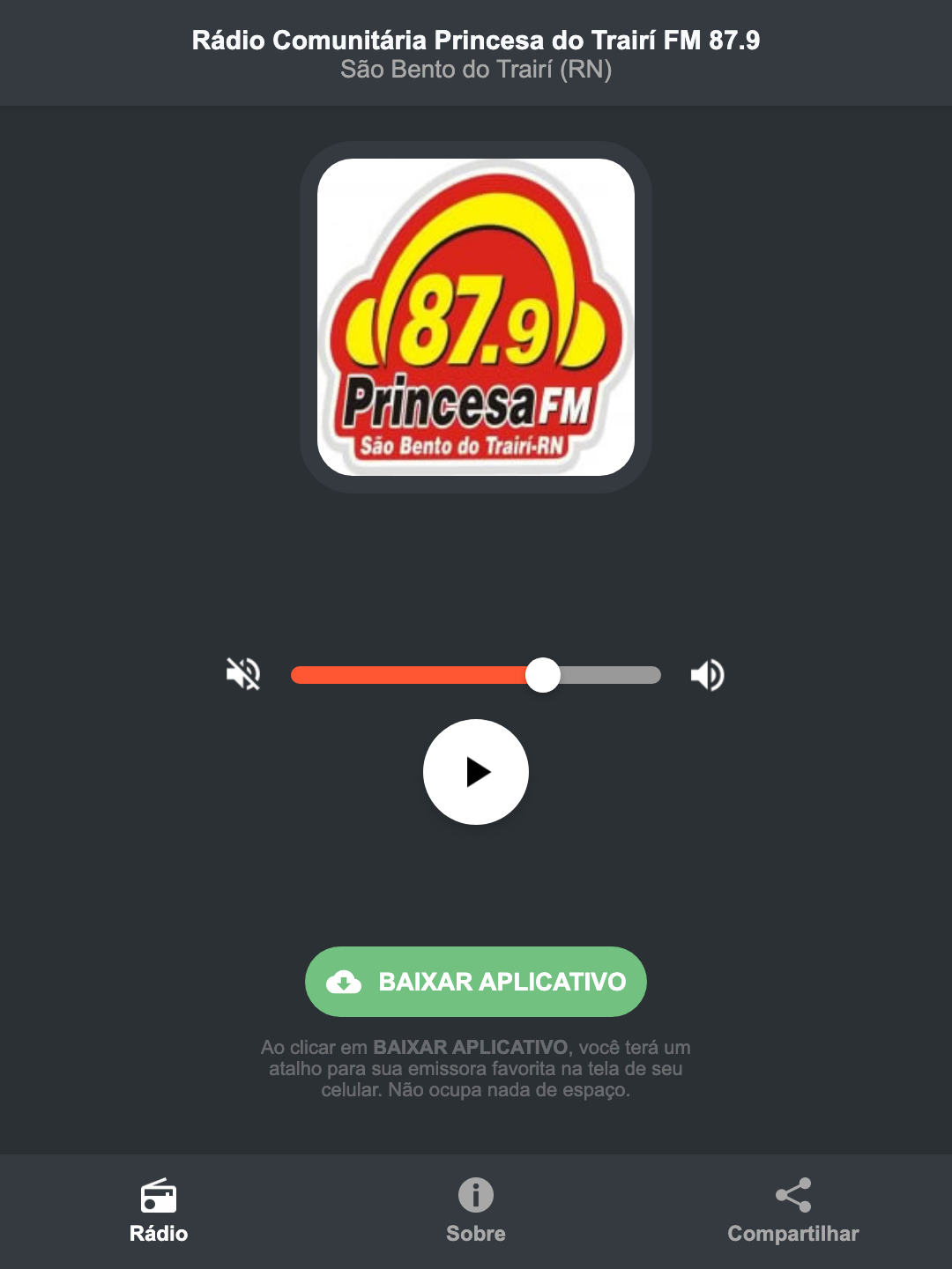 Screenshot do aplicativo da Rádio Comunitária Princesa do Trairí FM 87.9
