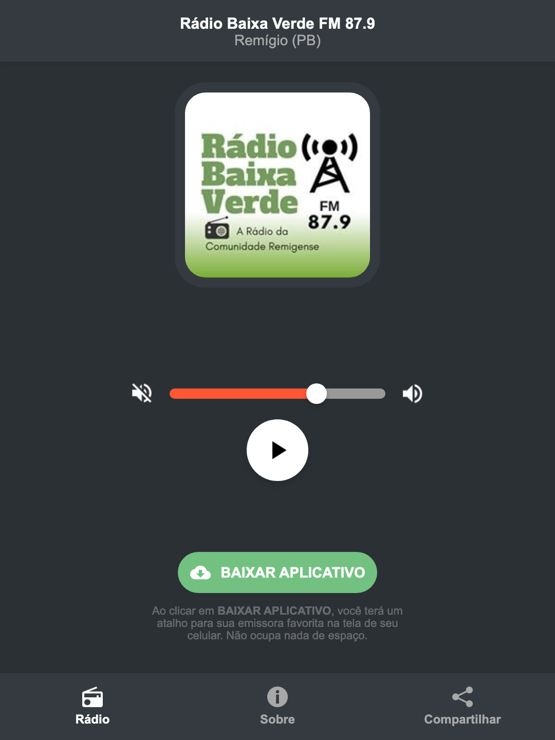 Screenshot do aplicativo da Rádio Baixa Verde FM 87.9