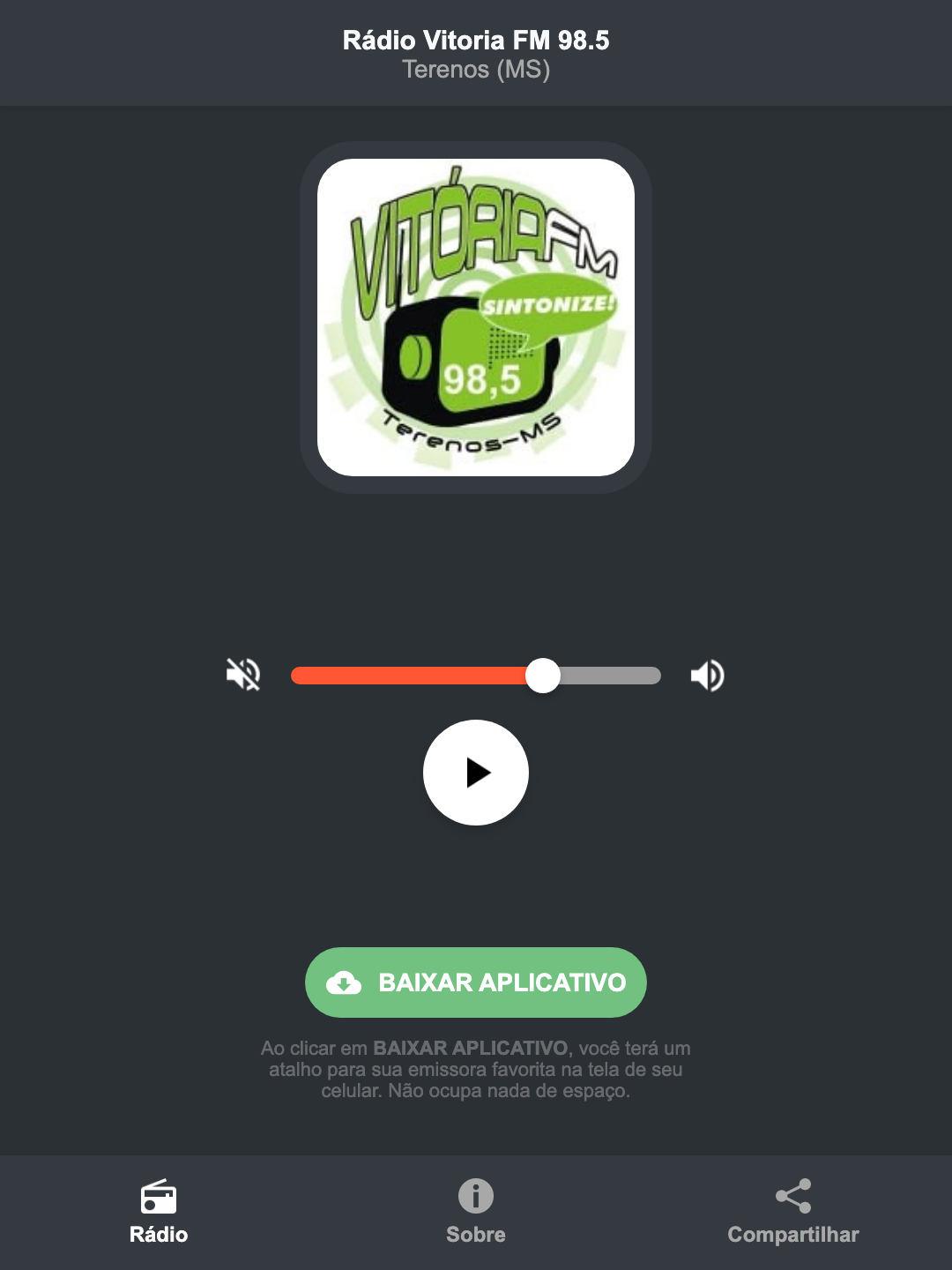 Screenshot do aplicativo da Rádio Vitoria FM 98.5