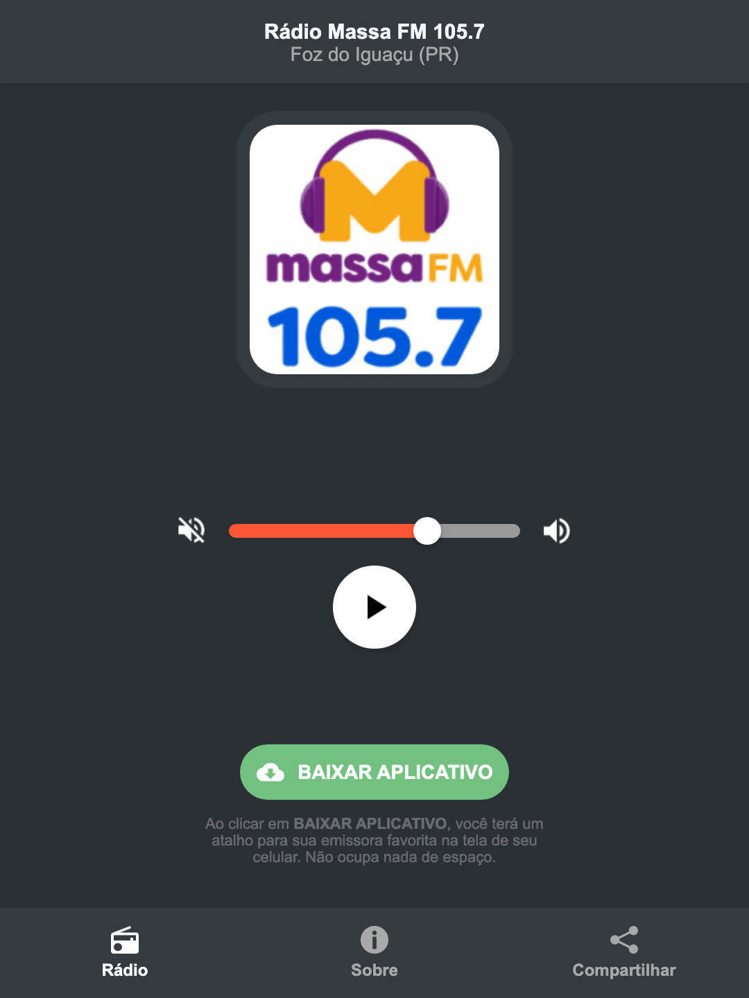 Screenshot do aplicativo da Rádio Massa FM 105.7