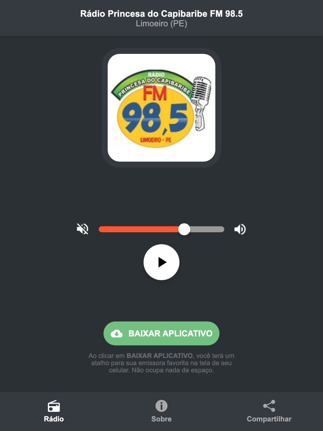 Screenshot do aplicativo da Rádio Princesa do Capibaribe FM 98.5