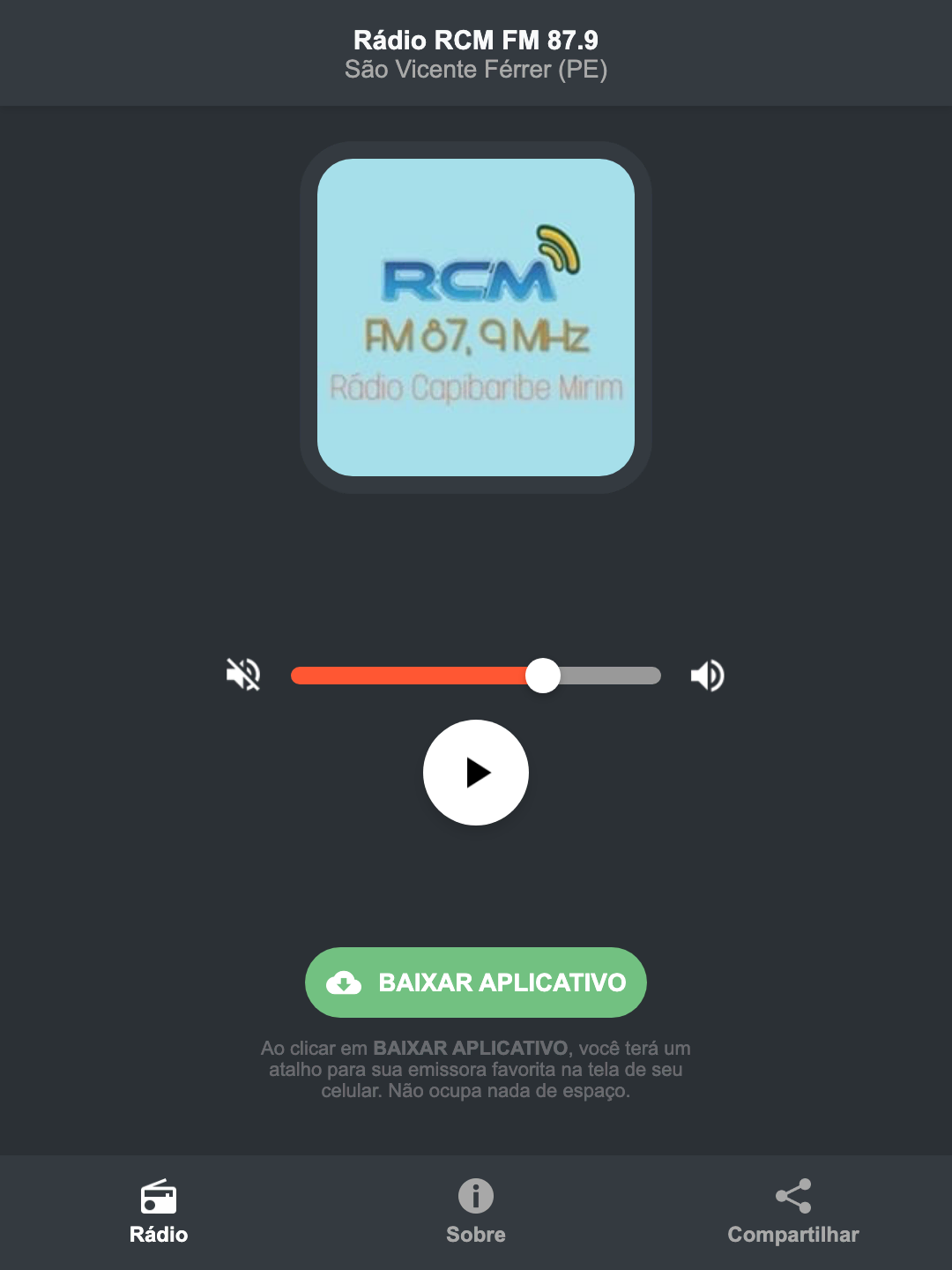 Screenshot do aplicativo da Rádio RCM FM 87.9