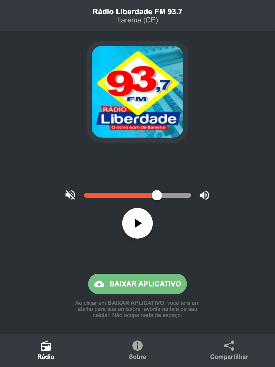 Screenshot do aplicativo da Rádio Liberdade FM 93.7