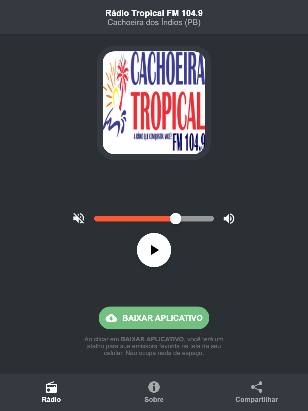 Screenshot do aplicativo da Rádio Tropical FM 104.9