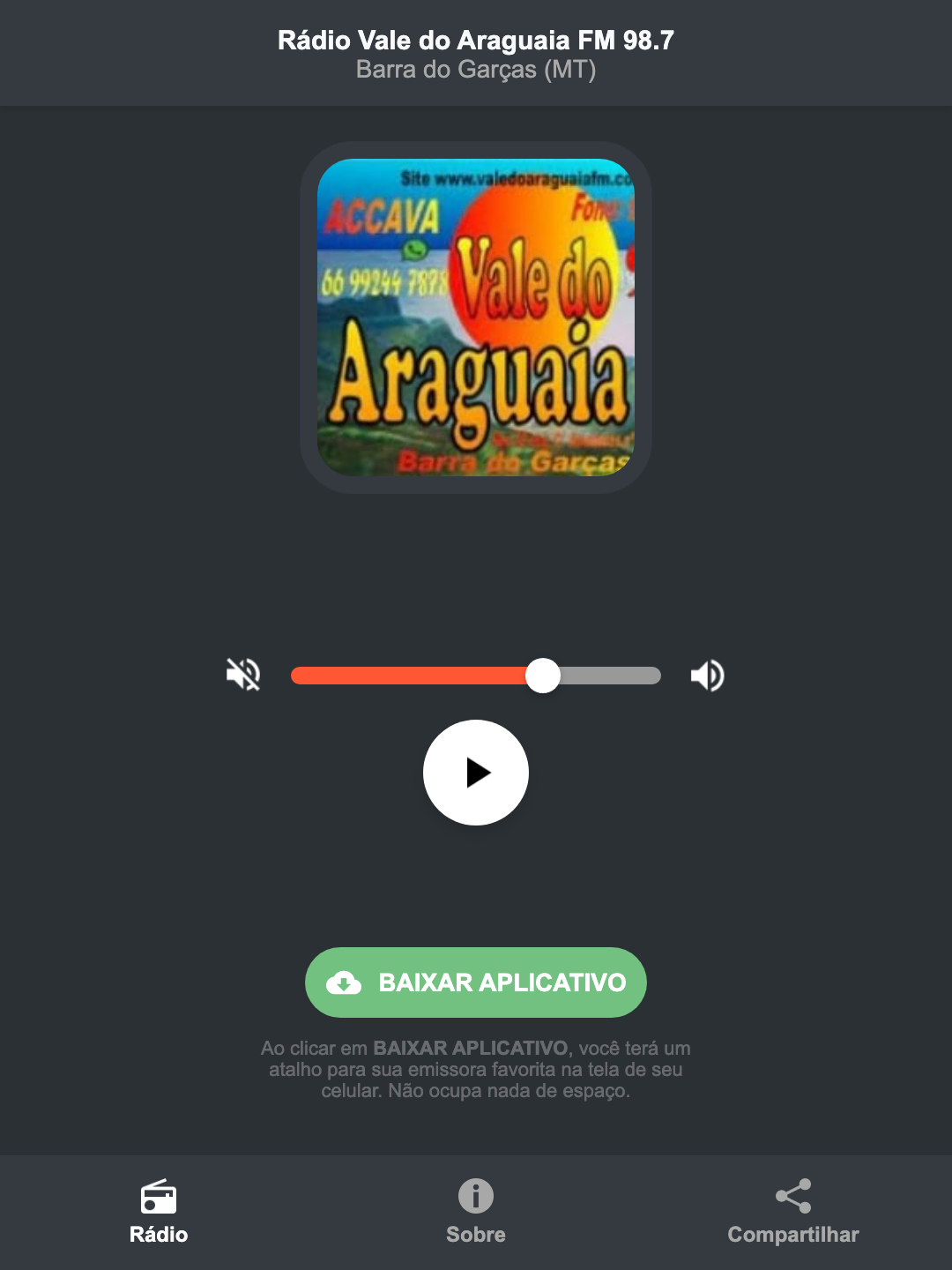 Screenshot do aplicativo da Rádio Vale do Araguaia FM 98.7