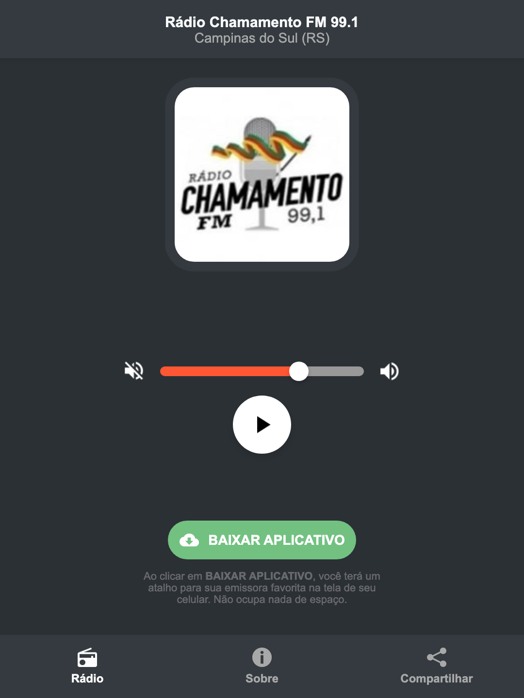 Screenshot do aplicativo da Rádio Chamamento FM 99.1