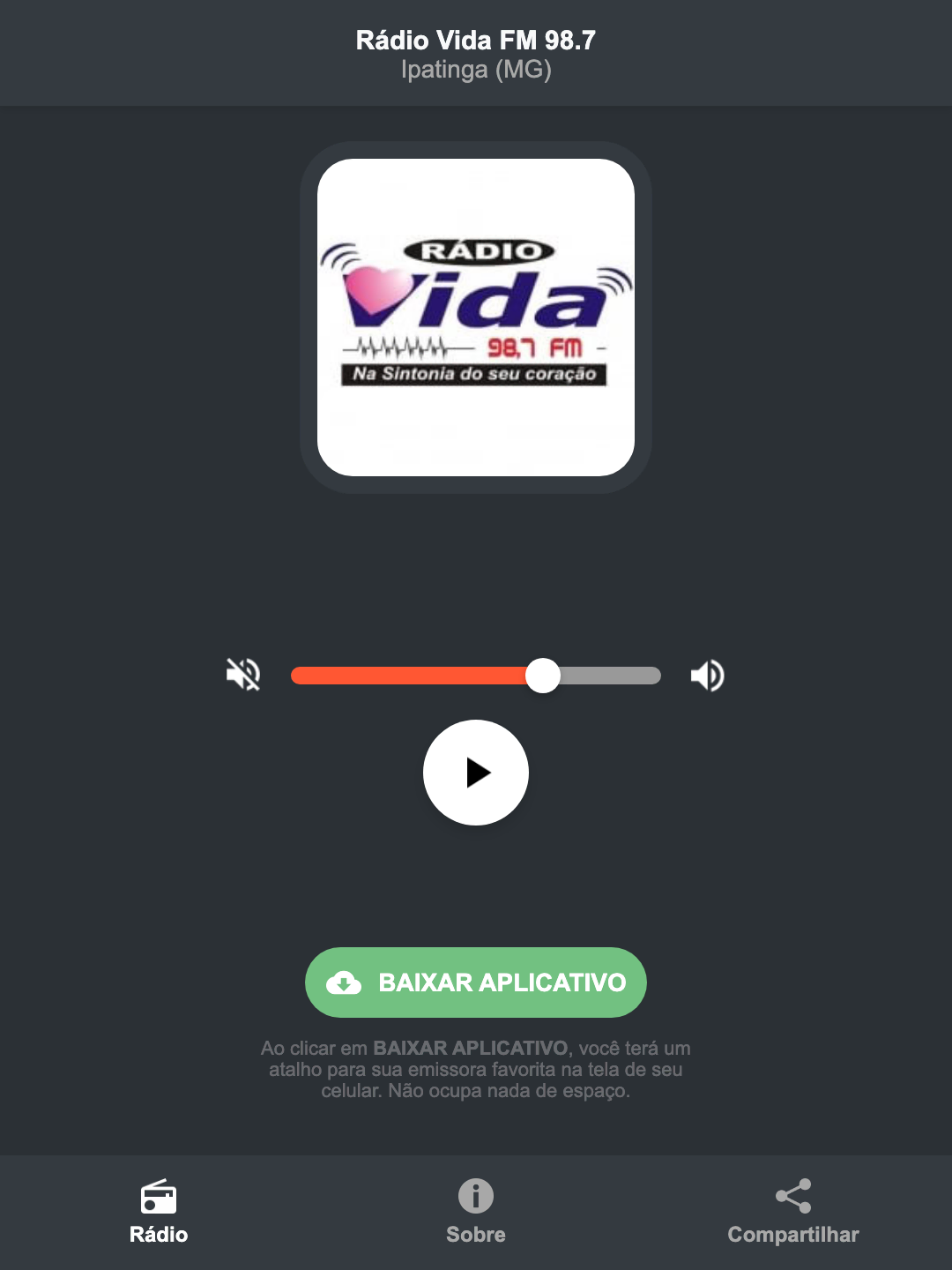 Screenshot do aplicativo da Rádio Vida FM 98.7
