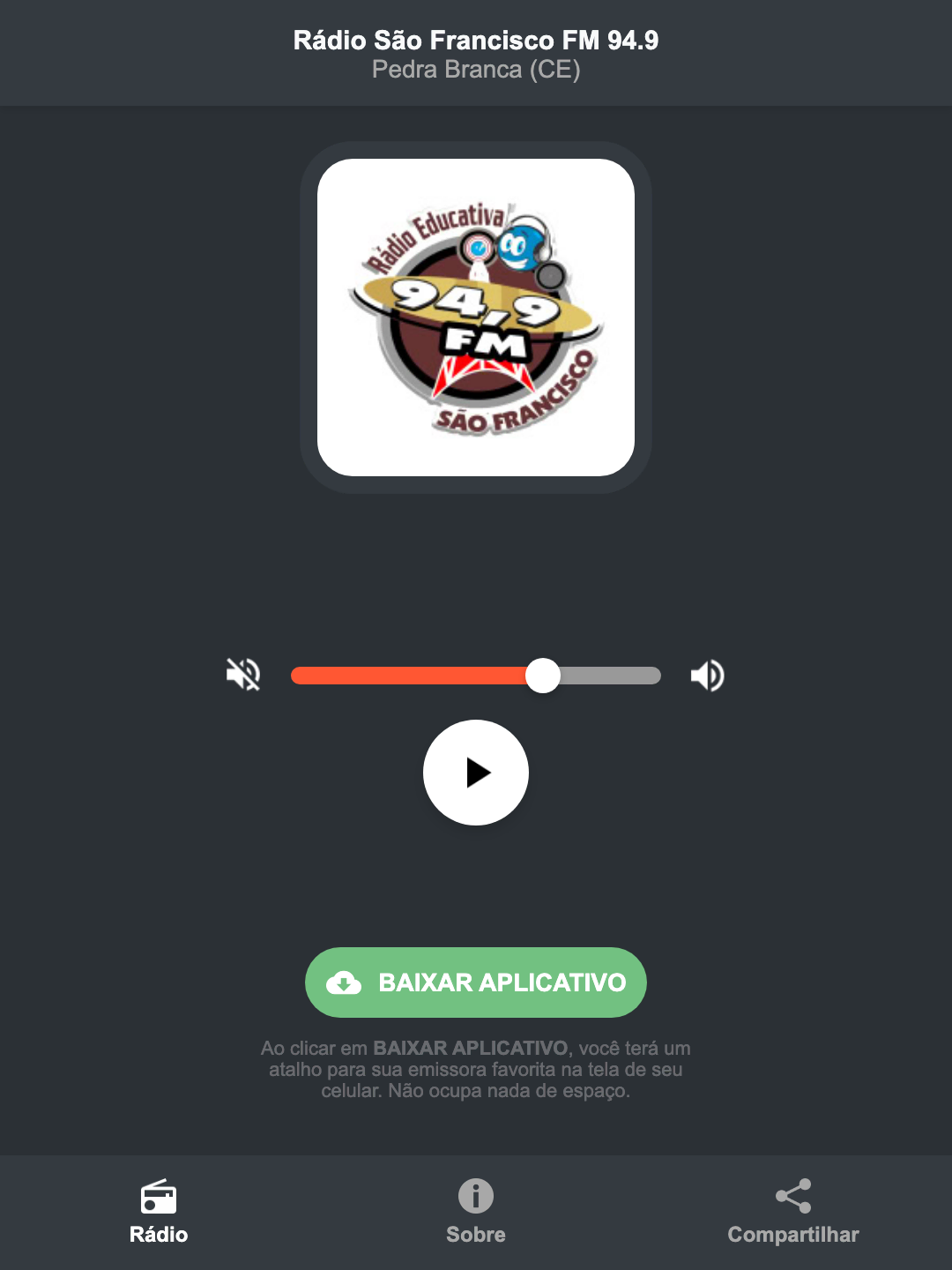 Screenshot do aplicativo da Rádio São Francisco FM 94.9