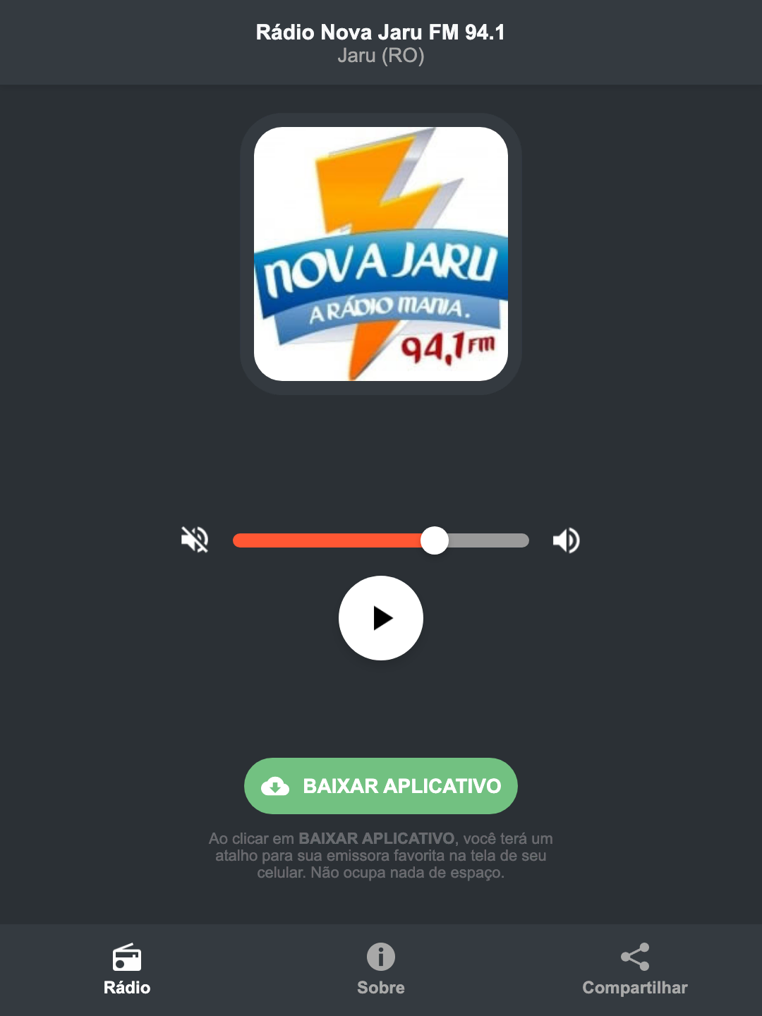 Screenshot do aplicativo da Rádio Nova Jaru FM 94.1