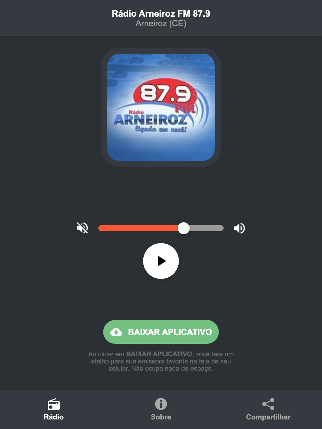 Screenshot do aplicativo da Rádio Arneiroz FM 87.9