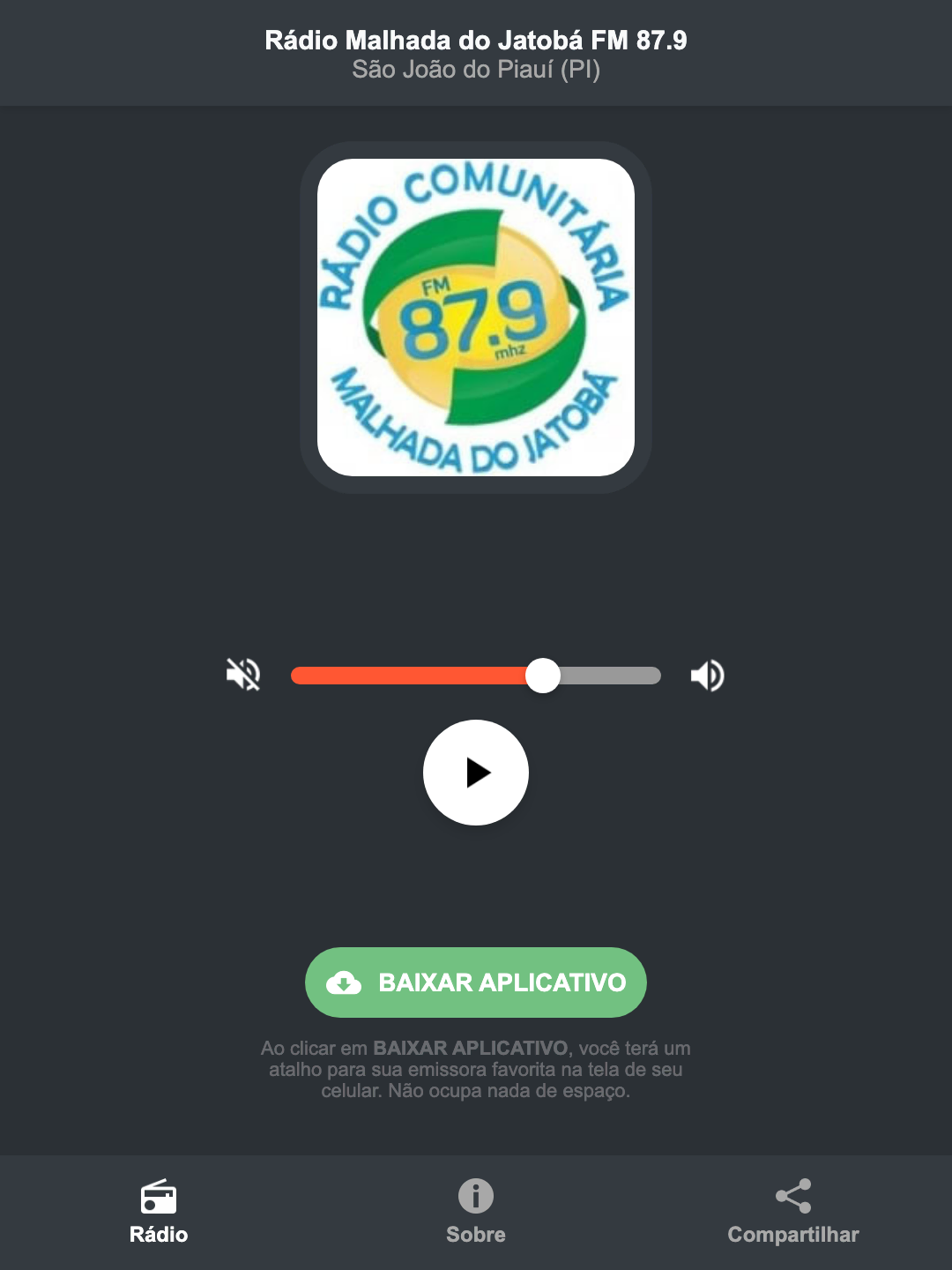 Screenshot do aplicativo da Rádio Malhada do Jatobá FM 87.9