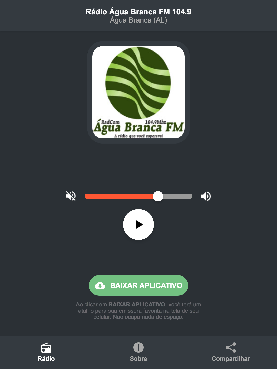 Screenshot do aplicativo da Rádio Água Branca FM 104.9