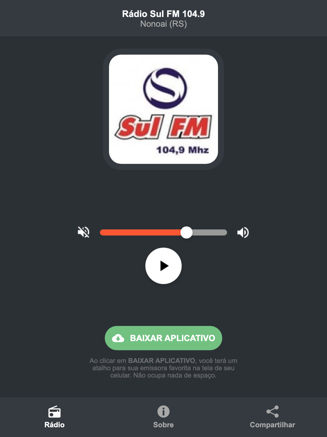 Screenshot do aplicativo da Rádio Sul FM 104.9