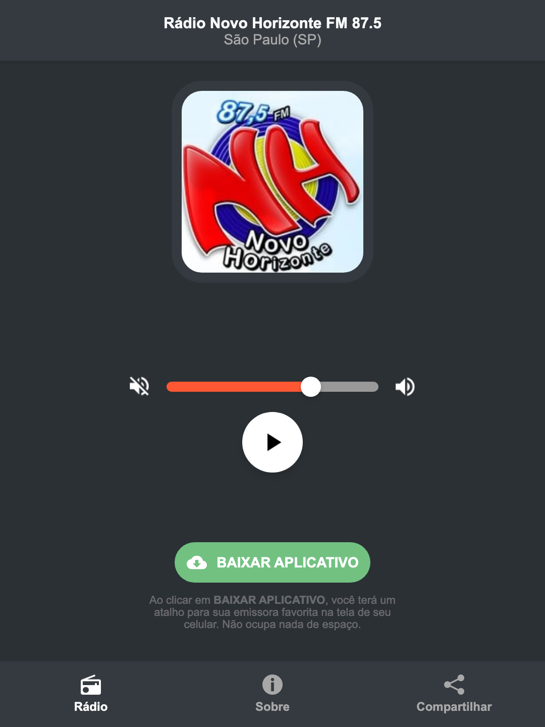 Screenshot do aplicativo da Rádio Novo Horizonte FM 87.5