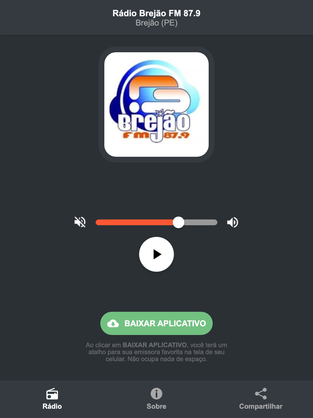 Screenshot do aplicativo da Rádio Brejão FM 87.9