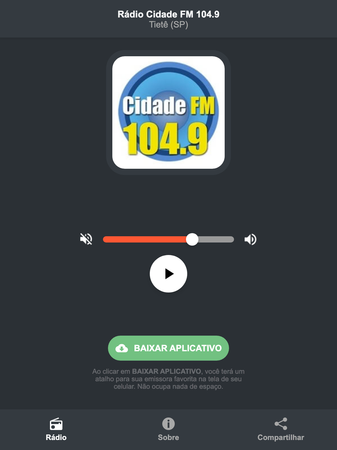 Screenshot do aplicativo da Rádio Cidade FM 104.9