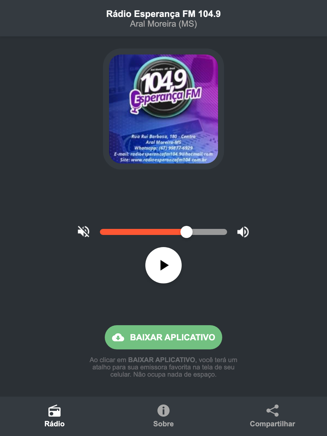 Screenshot do aplicativo da Rádio Esperança FM 104.9