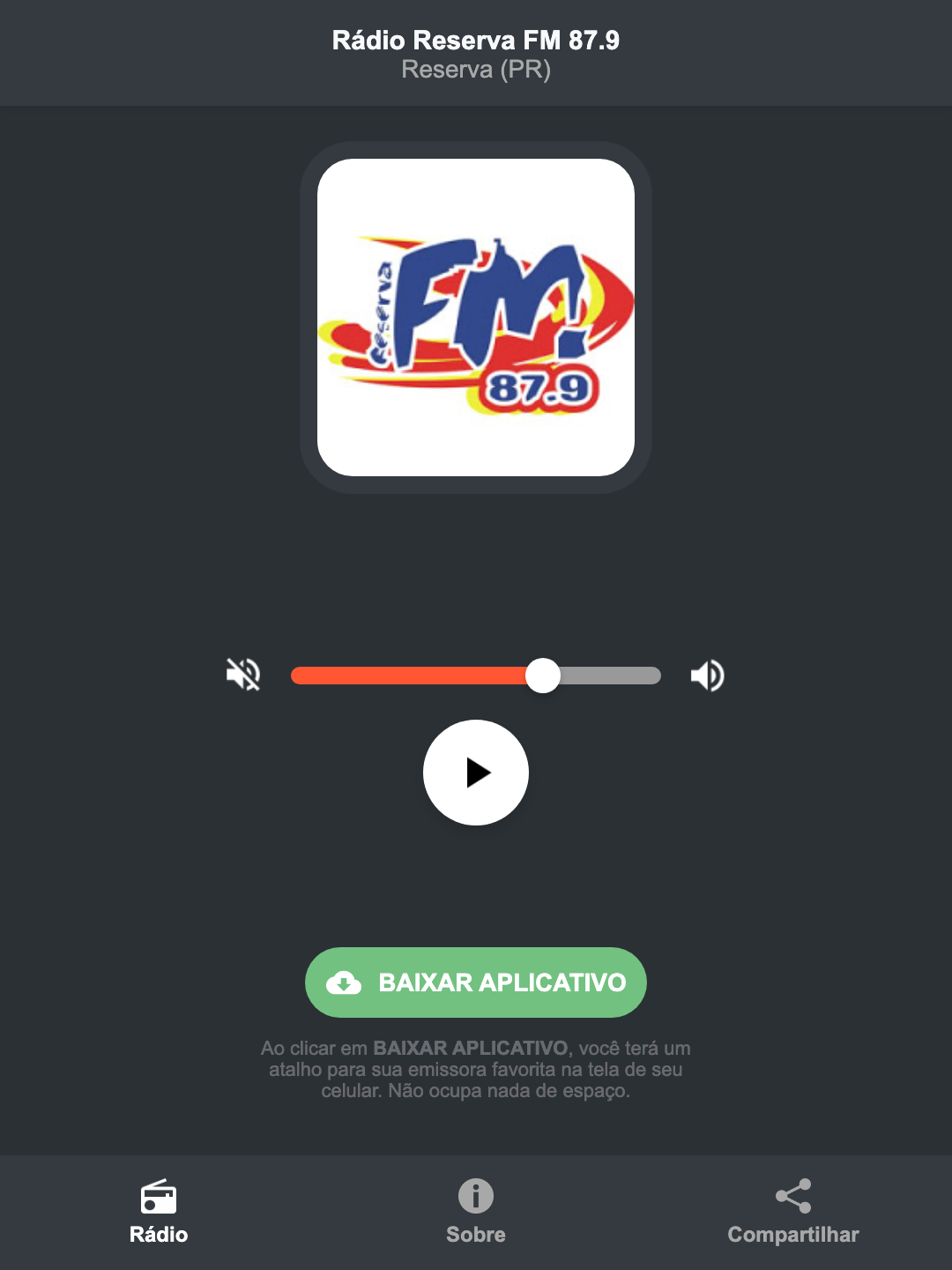 Screenshot do aplicativo da Rádio Reserva FM 87.9
