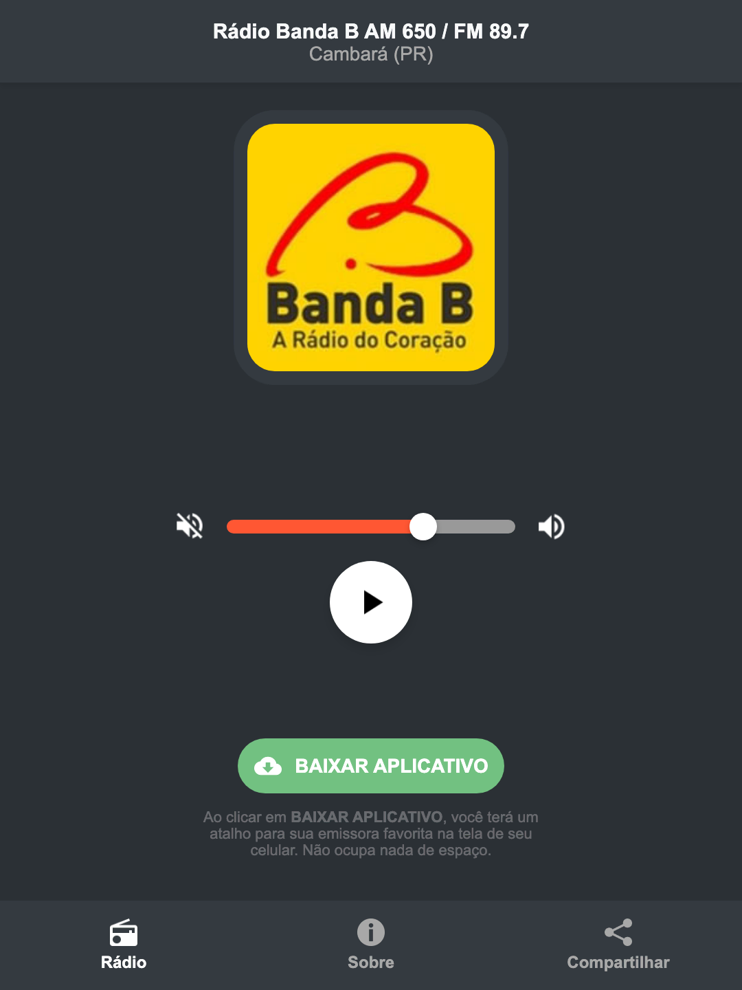 Screenshot do aplicativo da Rádio Banda B AM 650 / FM 89.7
