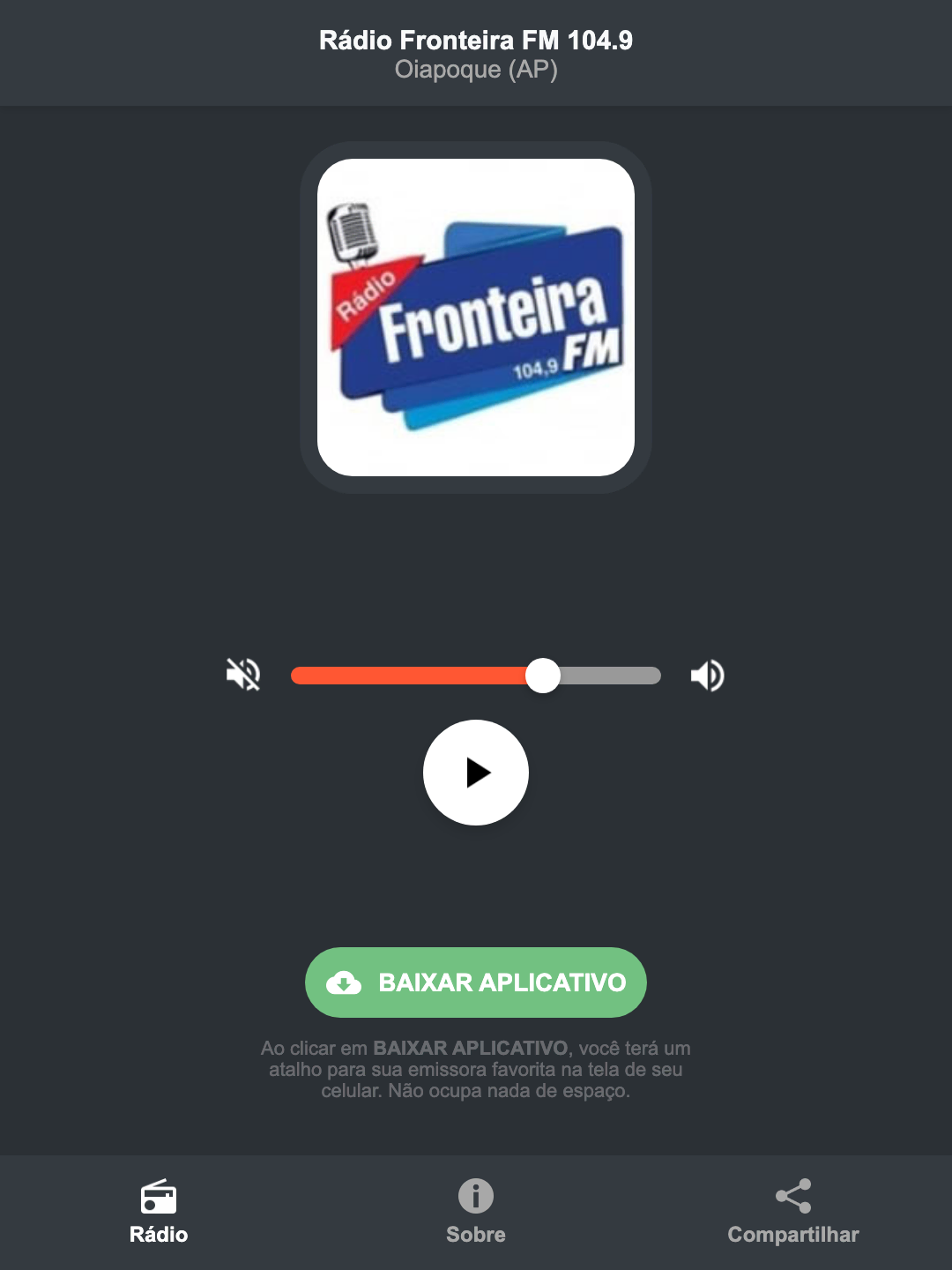 Screenshot do aplicativo da Rádio Fronteira FM 104.9