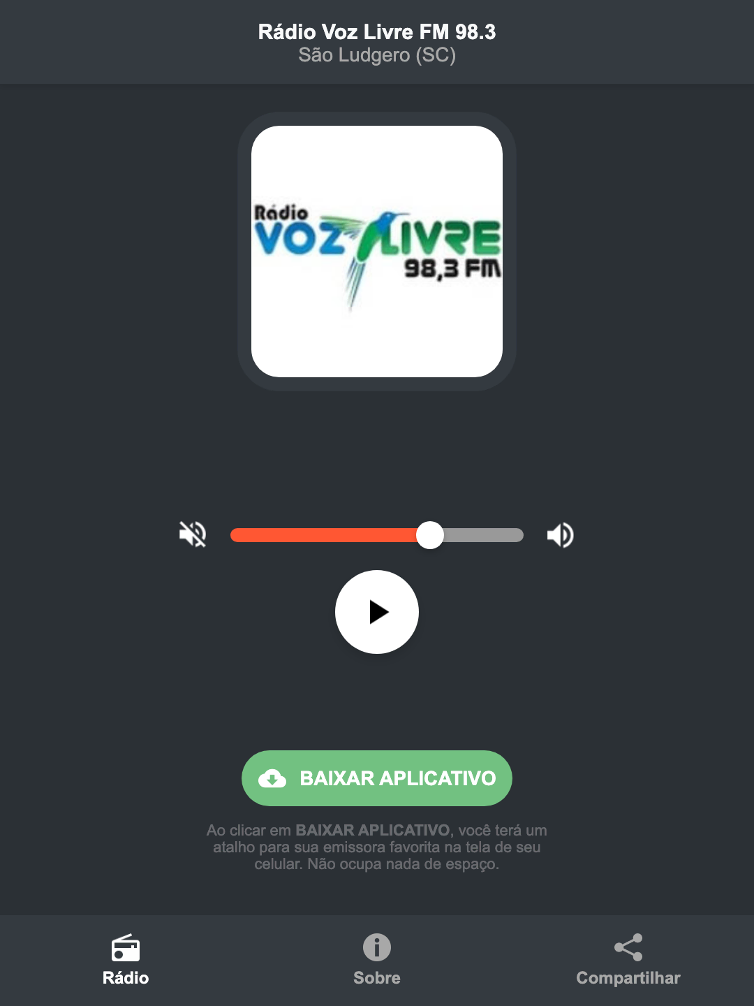 Screenshot do aplicativo da Rádio Voz Livre FM 98.3