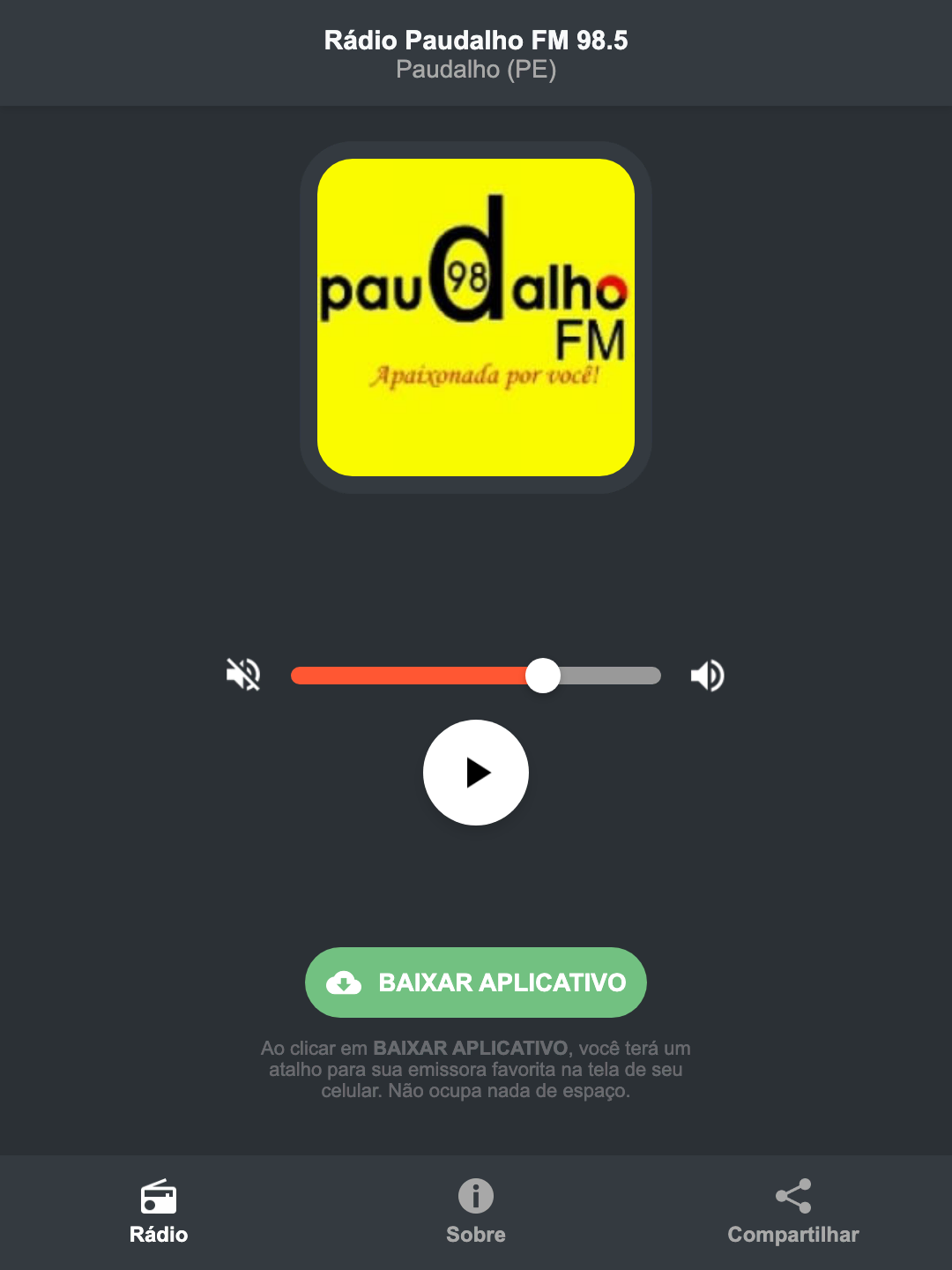 Screenshot do aplicativo da Rádio Paudalho FM 98.5