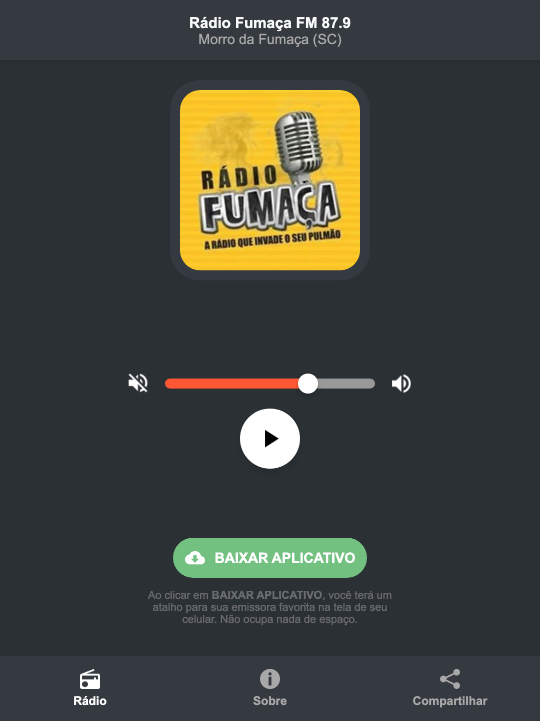 Screenshot do aplicativo da Rádio Fumaça FM 87.9