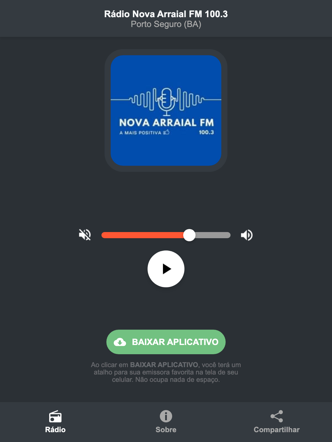Screenshot do aplicativo da Rádio Nova Arraial FM 100.3