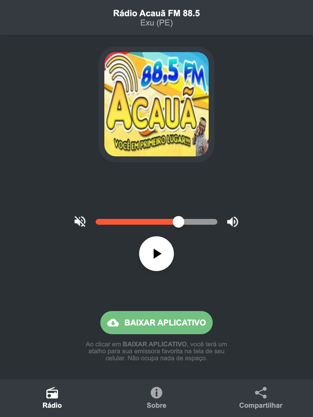 Screenshot do aplicativo da Rádio Acauã FM 88.5