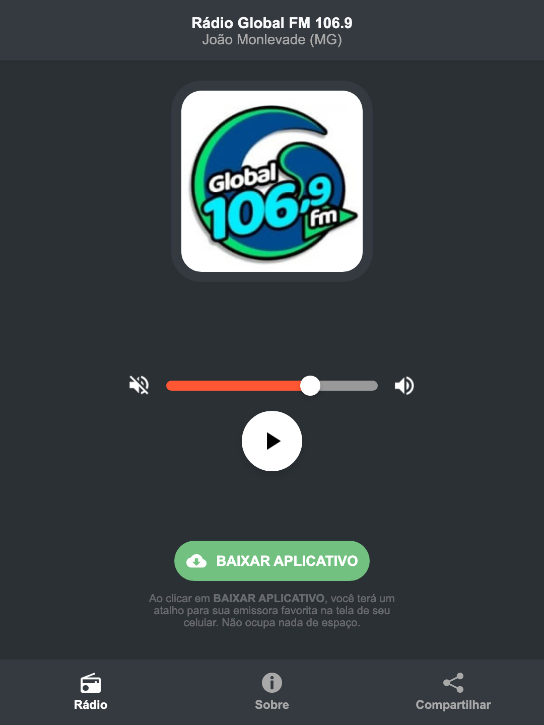 Screenshot do aplicativo da Rádio Global FM 106.9