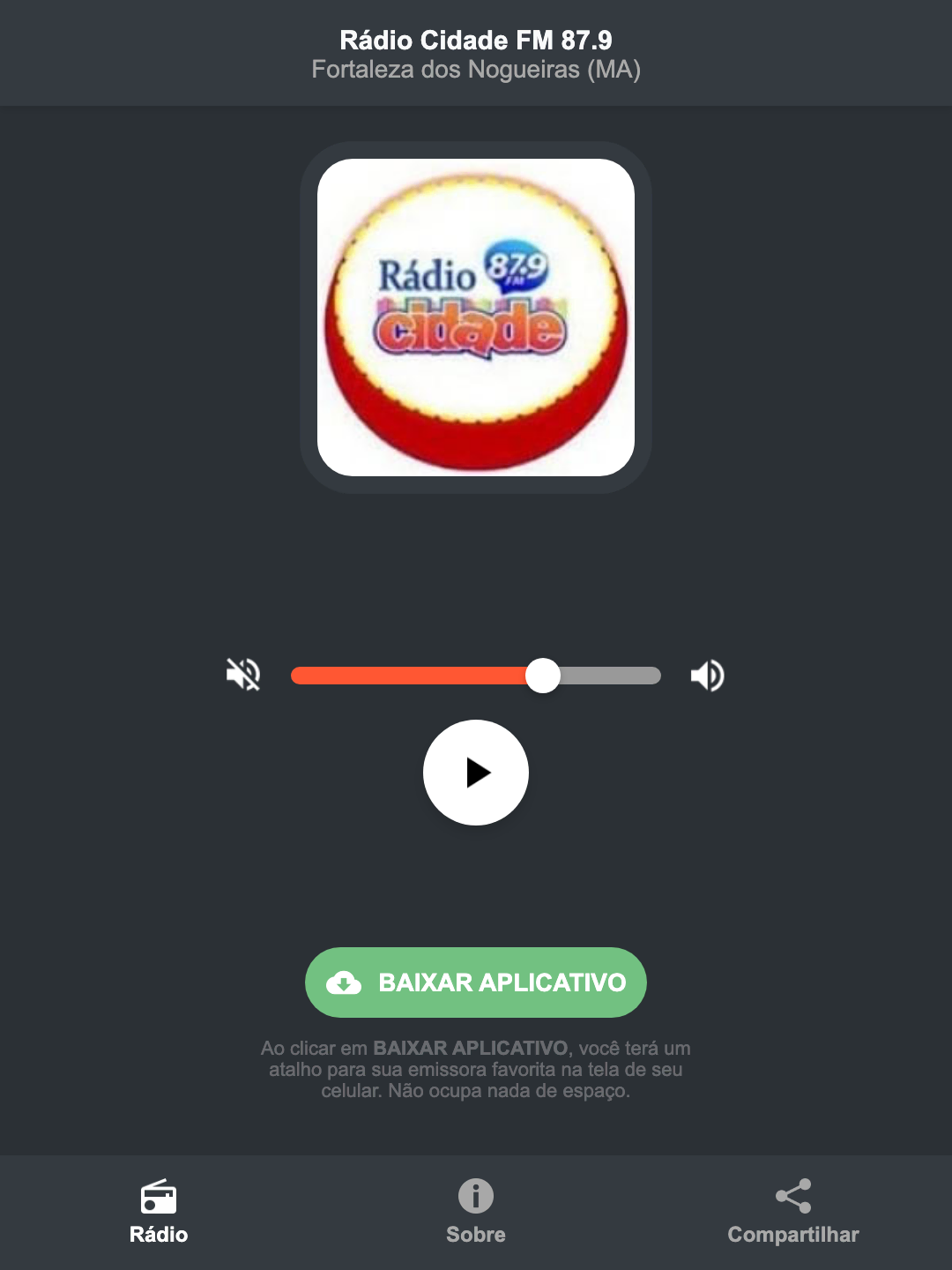 Screenshot do aplicativo da Rádio Cidade FM 87.9