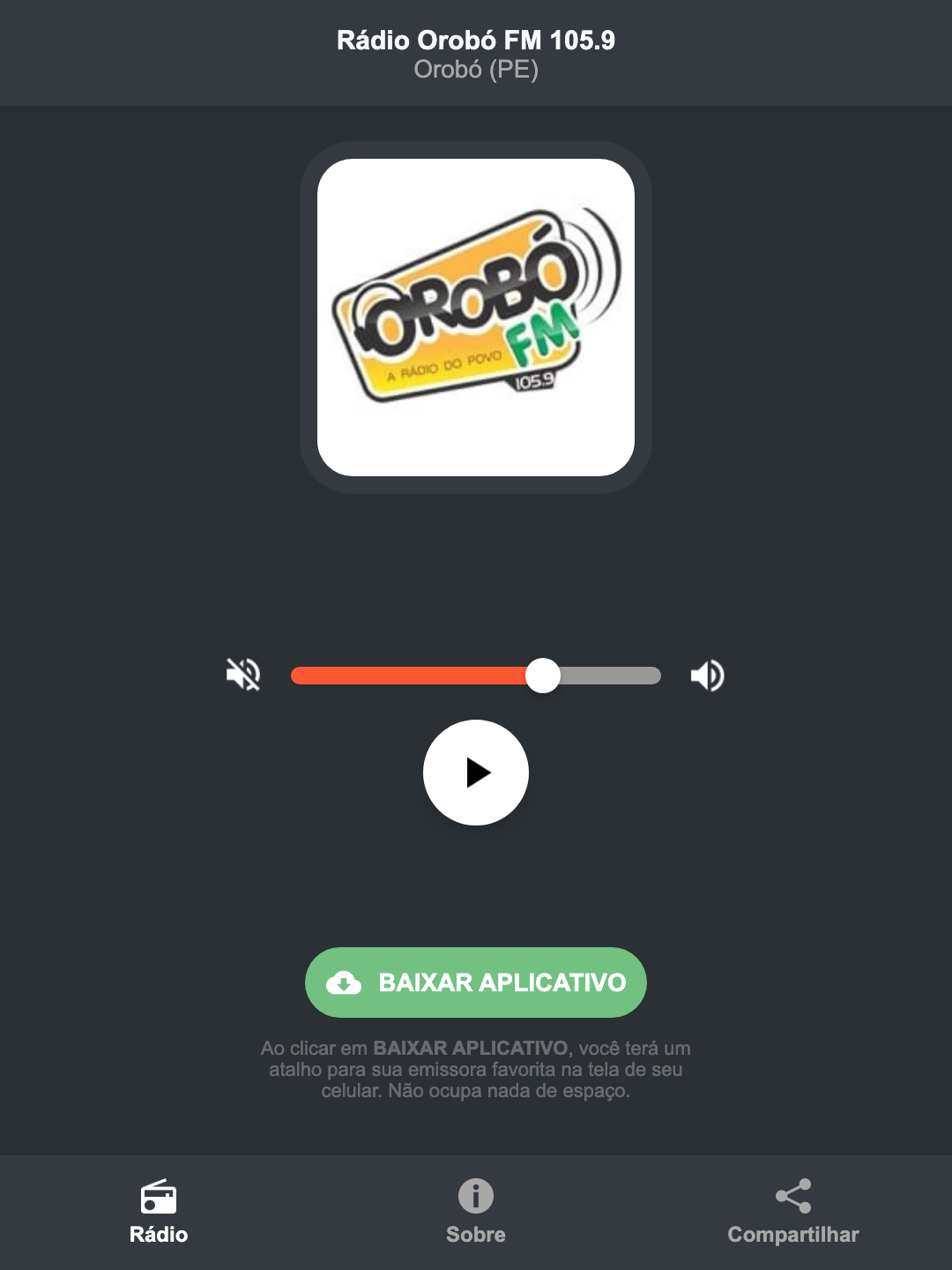 Screenshot do aplicativo da Rádio Orobó FM 105.9