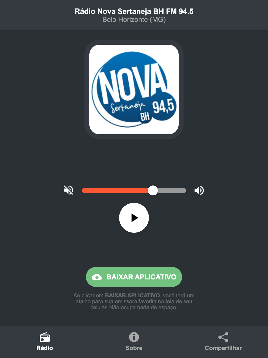 Screenshot do aplicativo da Rádio Nova Sertaneja BH FM 94.5
