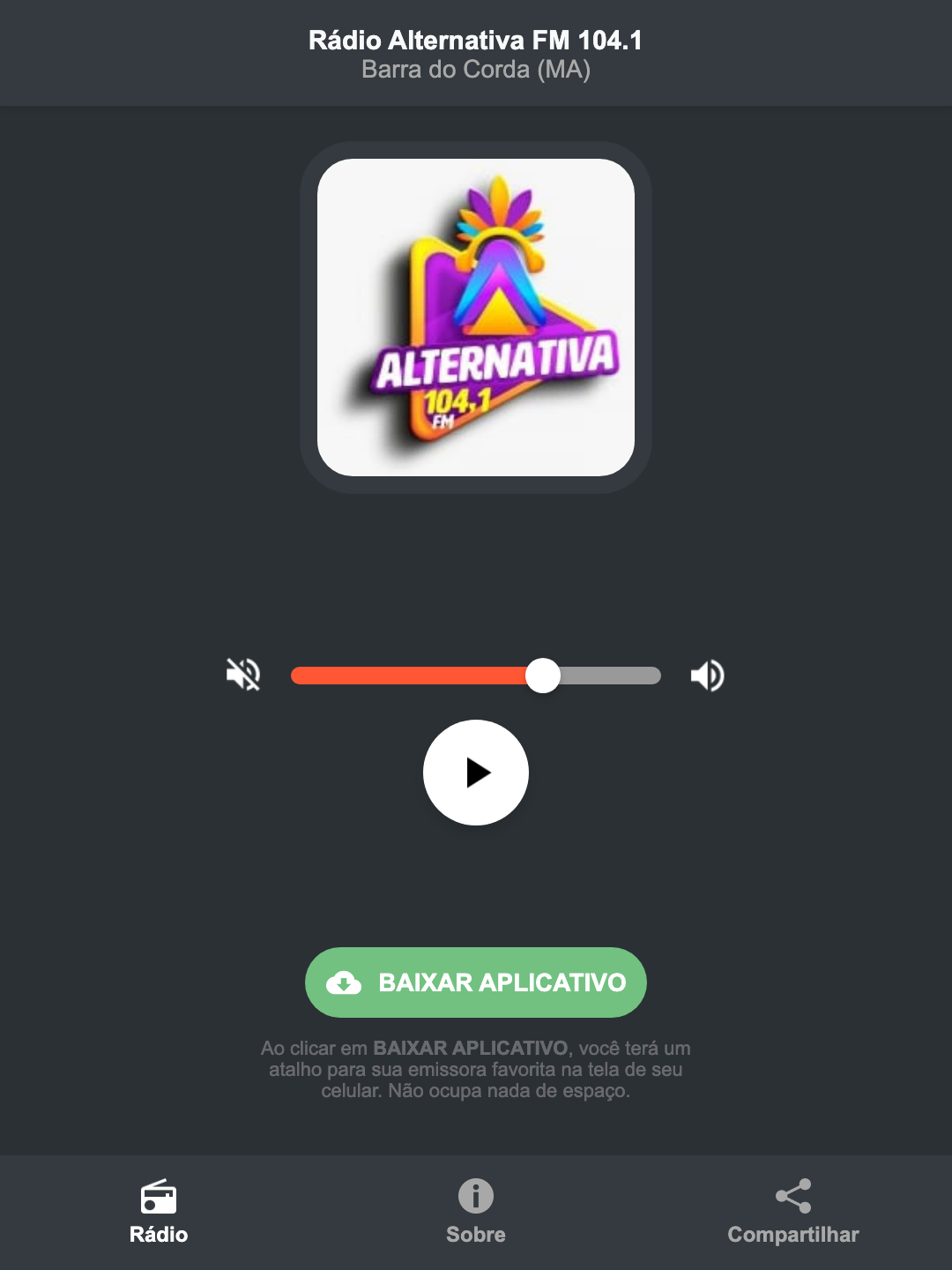 Screenshot do aplicativo da Rádio Alternativa FM 104.1