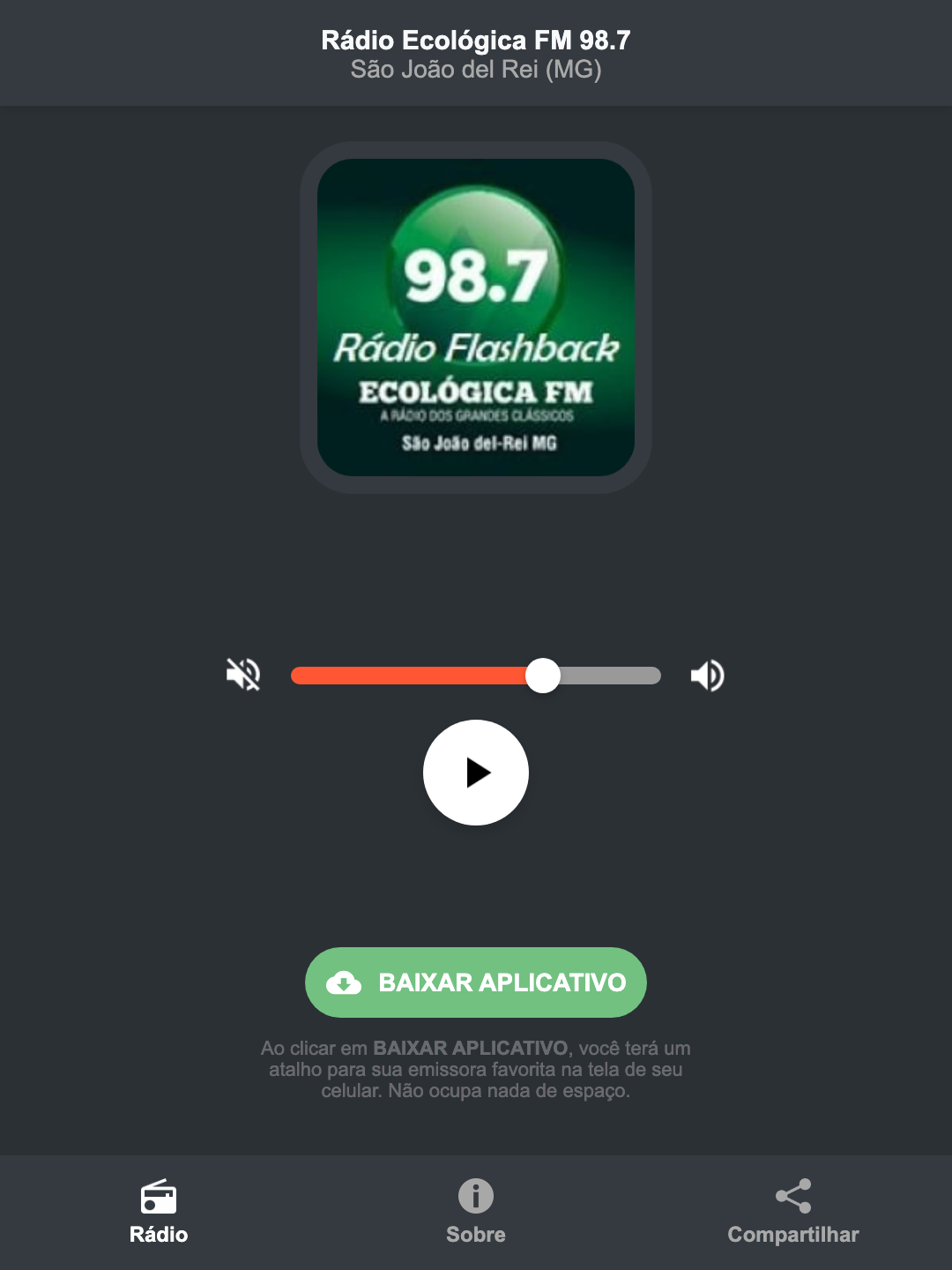 Screenshot do aplicativo da Rádio Ecológica FM 98.7