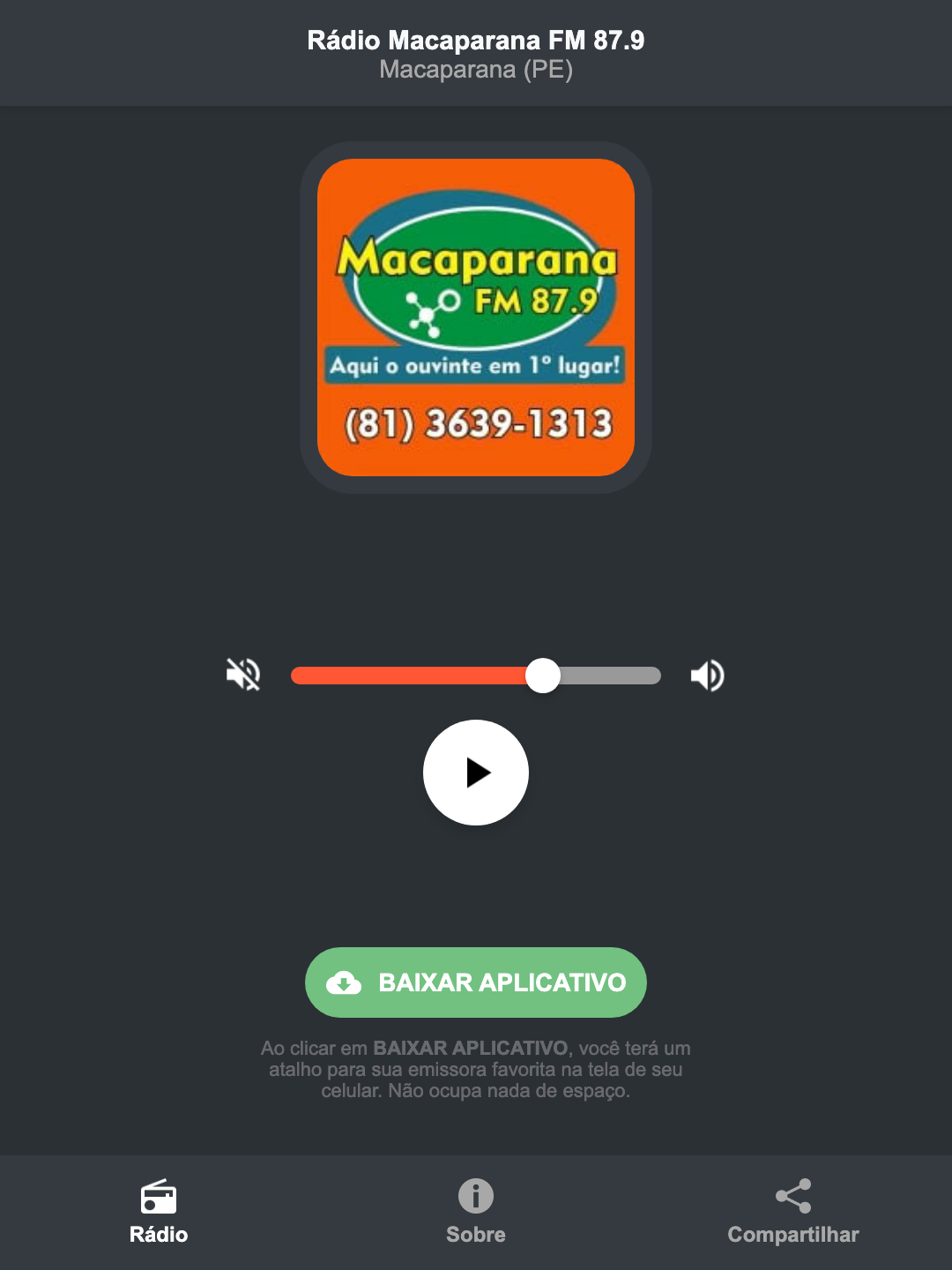 Screenshot do aplicativo da Rádio Macaparana FM 87.9