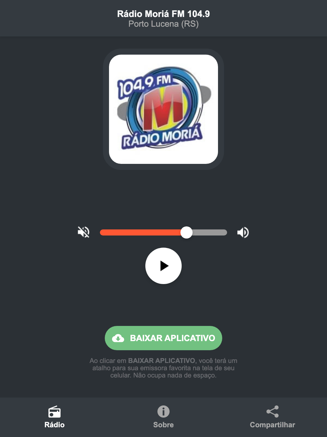 Screenshot do aplicativo da Rádio Moriá FM 104.9
