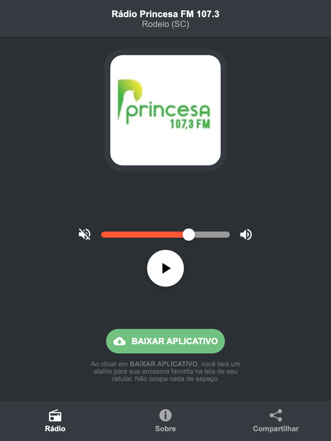 Screenshot do aplicativo da Rádio Princesa FM 107.3