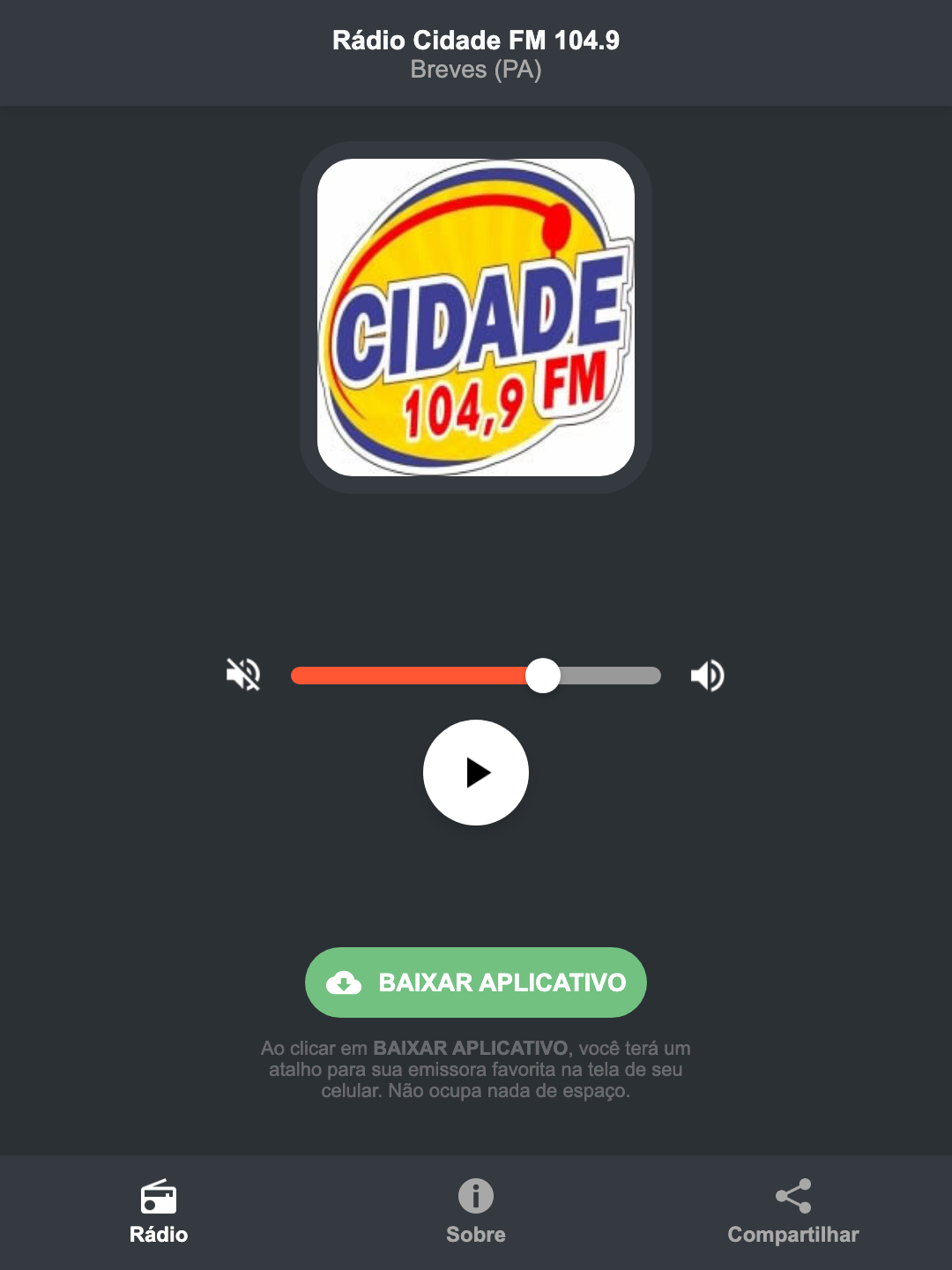 Screenshot do aplicativo da Rádio Cidade FM 104.9