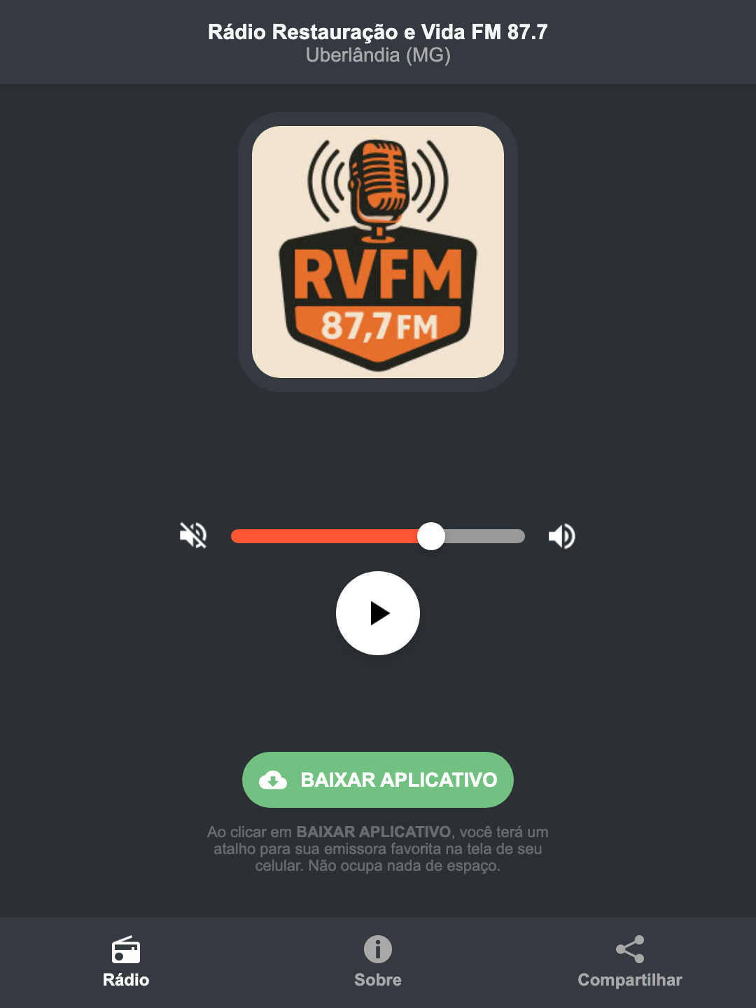 Screenshot do aplicativo da Rádio Restauração e Vida FM 87.7