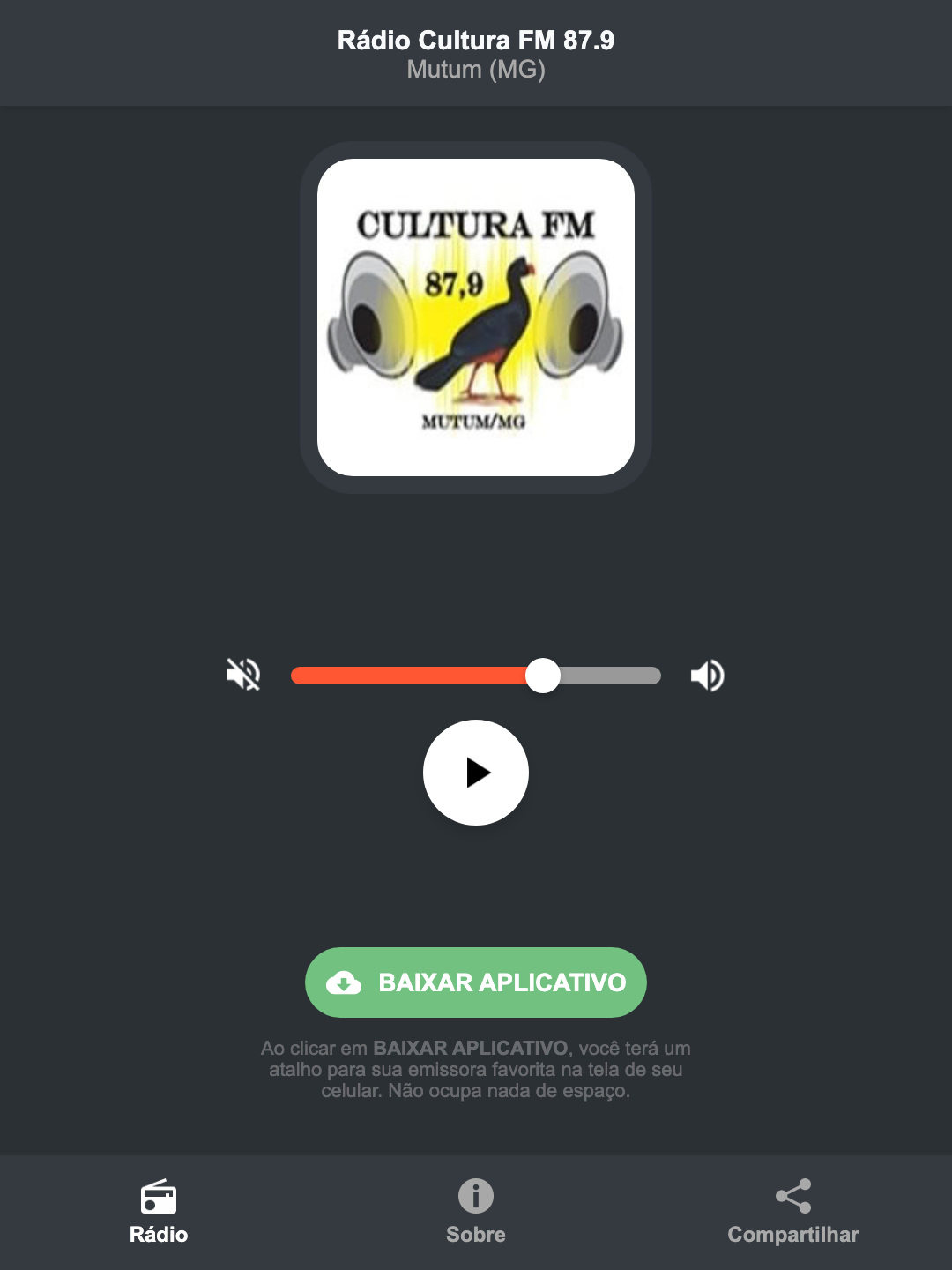 Screenshot do aplicativo da Rádio Cultura FM 87.9