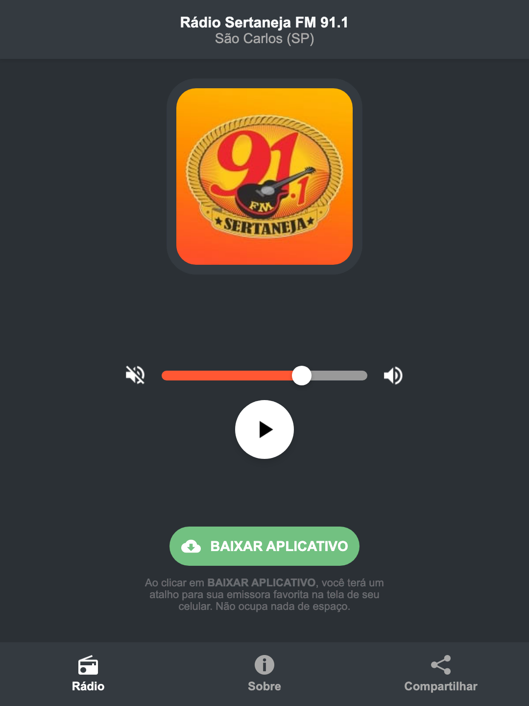 Screenshot do aplicativo da Rádio Sertaneja FM 91.1